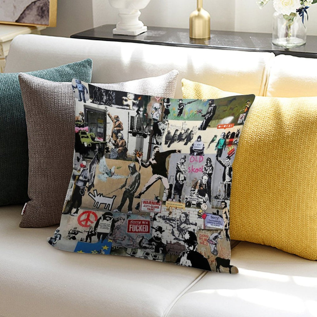 Banksy Collage Soft Washable Throw Pillow