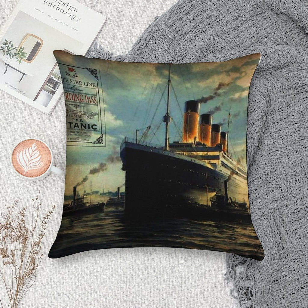Vintage Titanic Ship with Boarding Pass Soft Fade-Resistant Throw Pillow