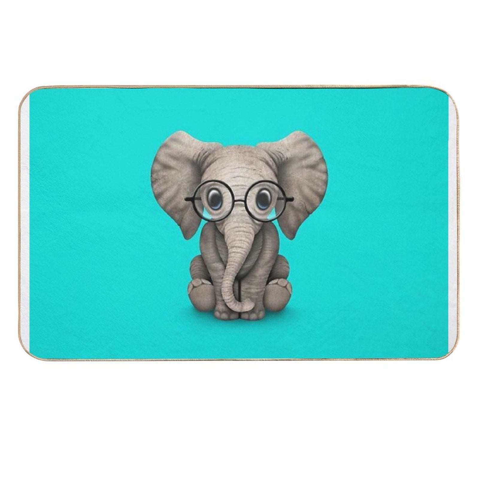 Cute Baby Elephant Calf with Reading Glasses on Blue  Dirt-Trapping Bath Mat