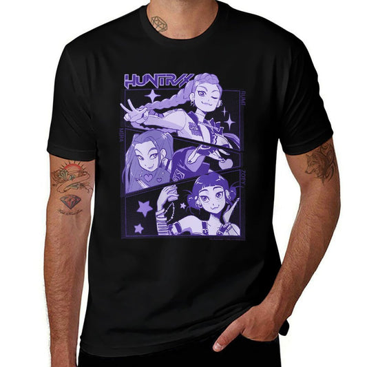 Womens Kpop Demon Hunters Huntrx Cute Animated Panels  Heathered Texture T-Shirt