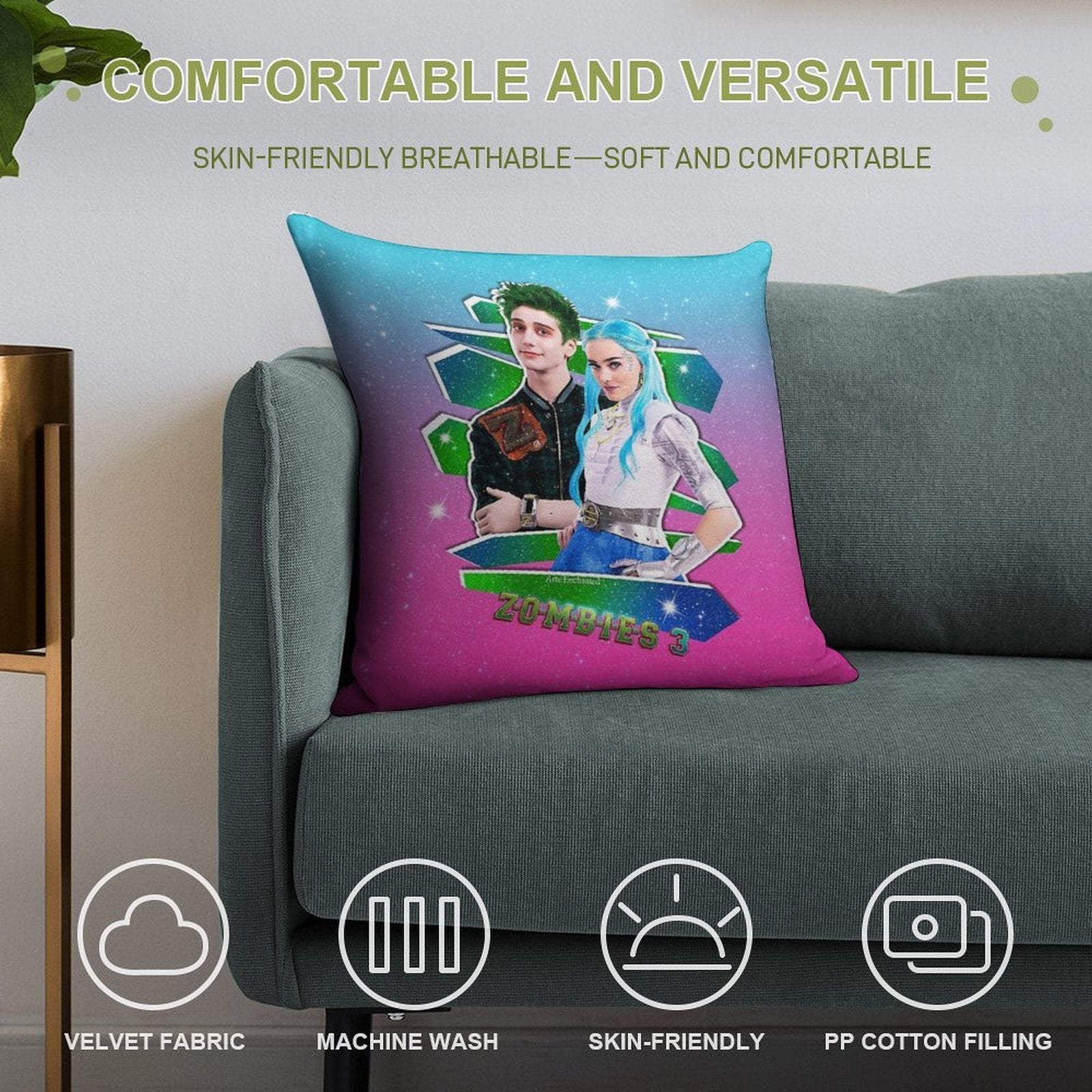 Zombies 3 - Milo And Meg - Zed And Addison - Galaxy Love Glitter Soft Home Decor Throw Pillow