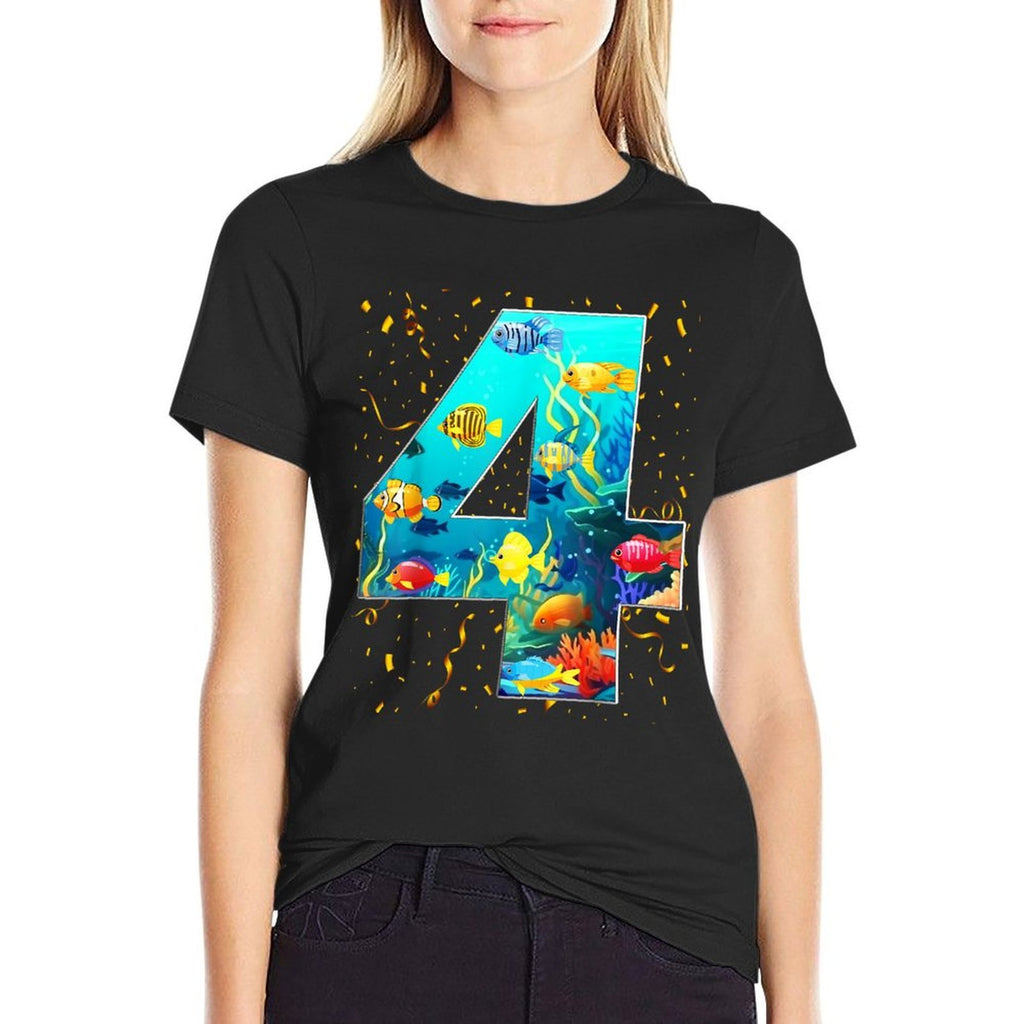 4th Birthday Party 4 Year Old Sea Fish Aquarium Birthday Boy  Wrinkle-resistant T-Shirt