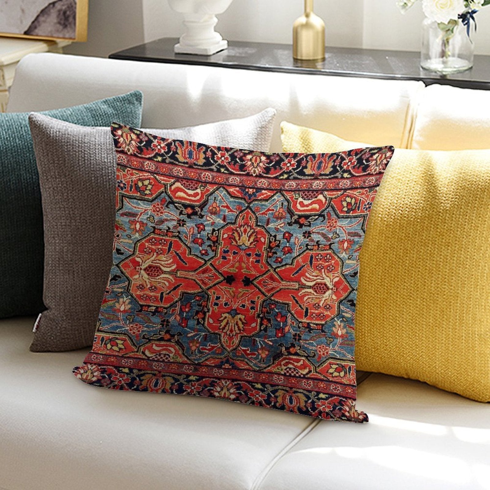 Kashan Poshti Central Persian Rug Print Soft Gift Ready Throw Pillow
