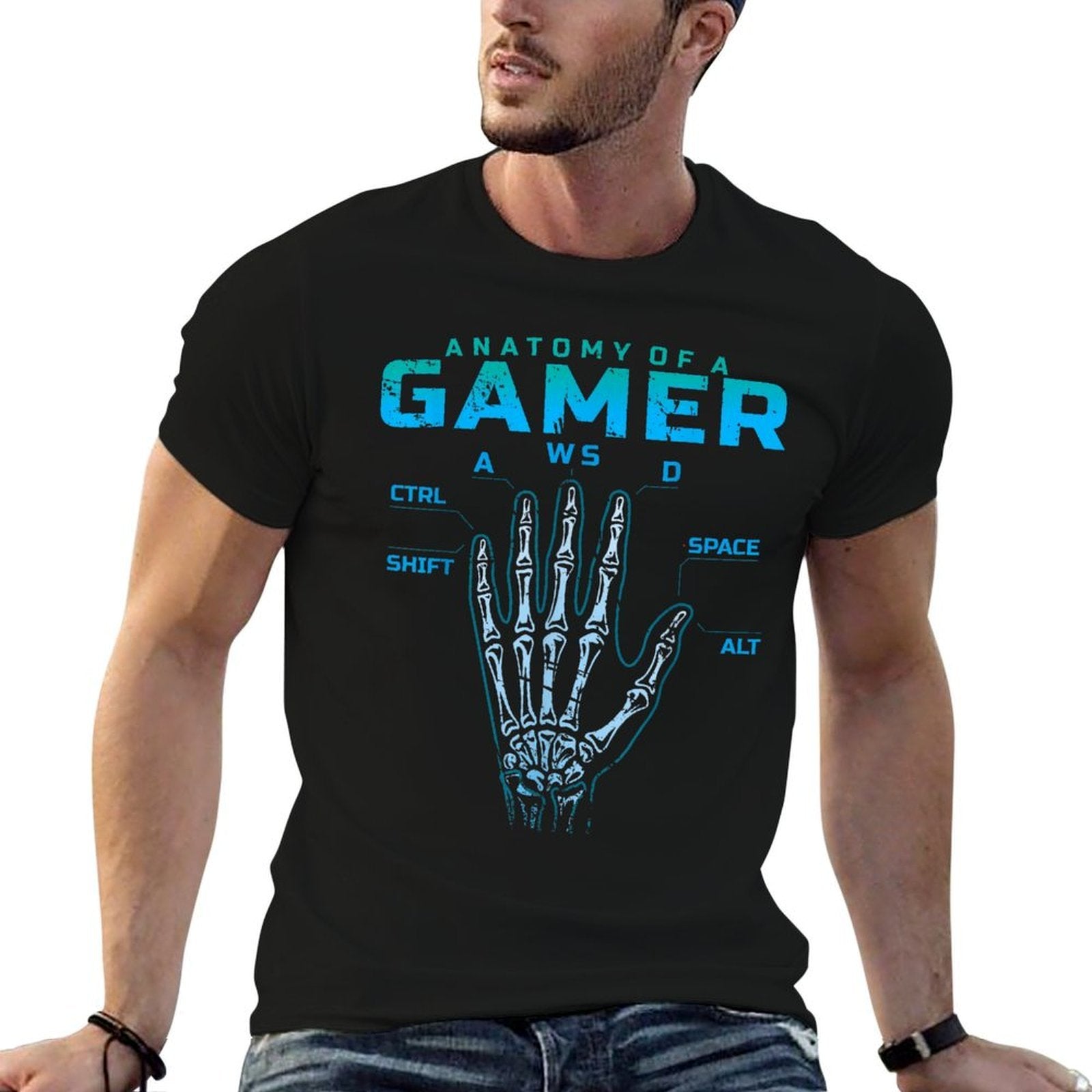 Anatomy of A Gamer Skeleton Hand Video Game WASD  Rolled Sleeves T-Shirt