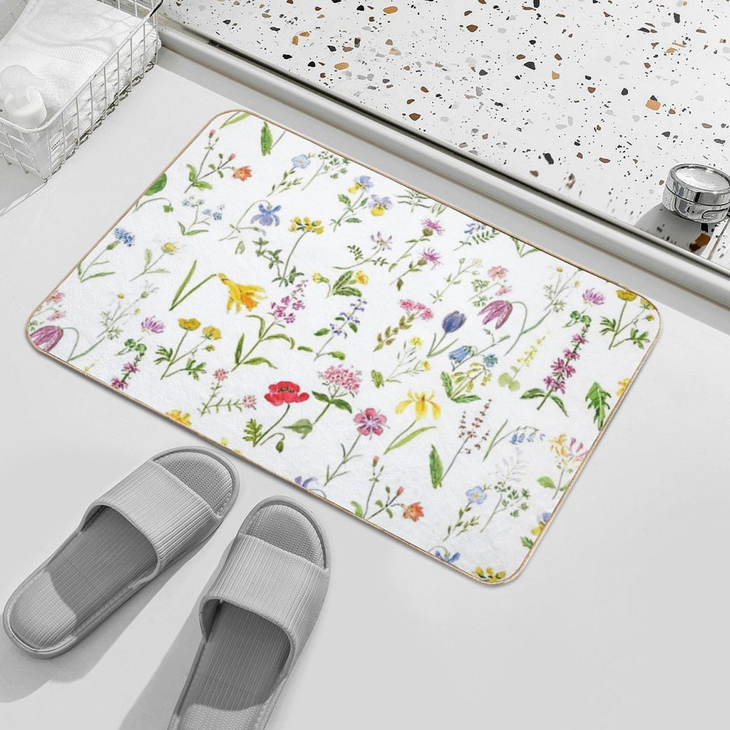 Hand Painted Botanical Colorful Countryside Wildflowers Watercolor Painting  Rapid-Drying Bath Mat