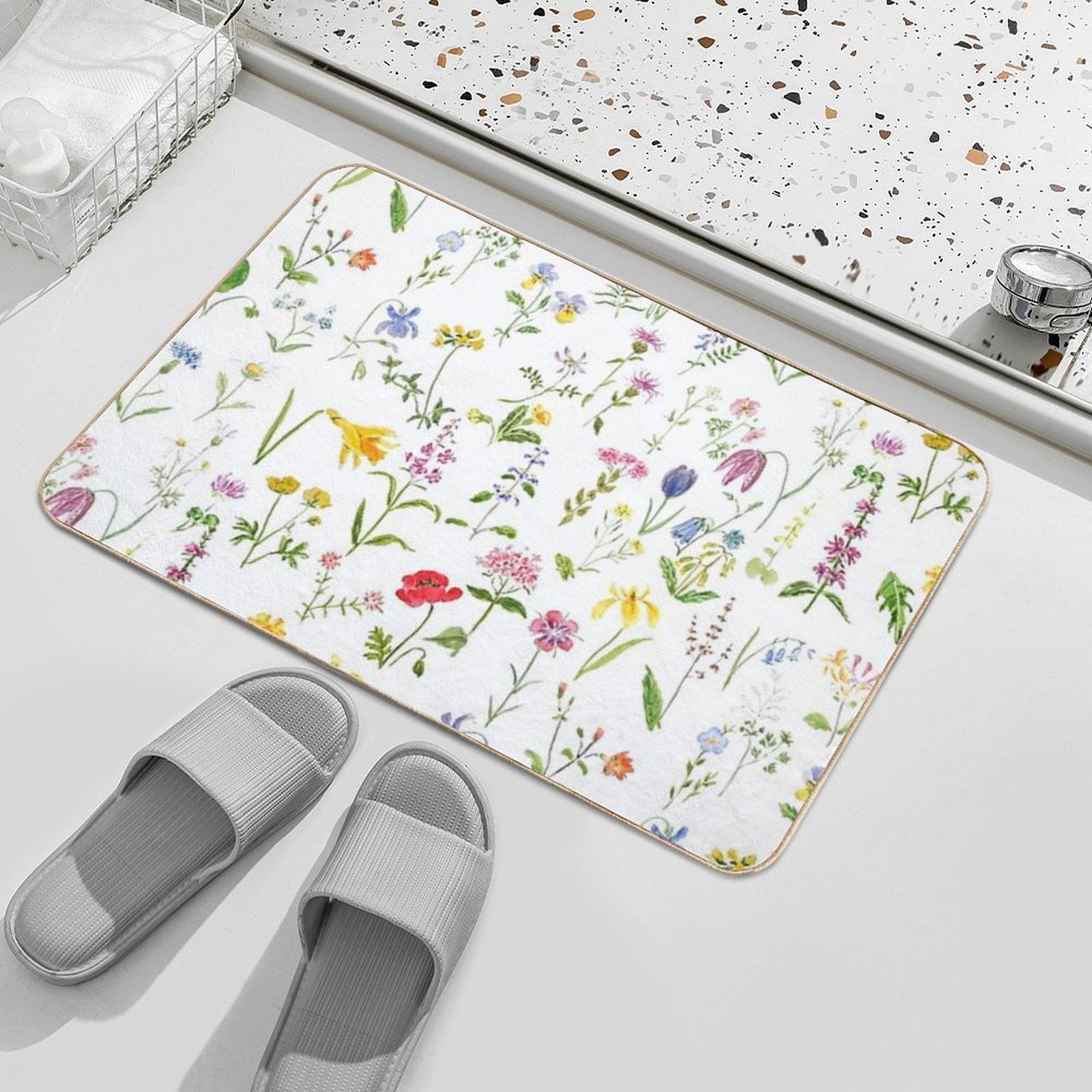 Hand Painted Botanical Colorful Countryside Wildflowers Watercolor Painting  Rapid-Drying Bath Mat