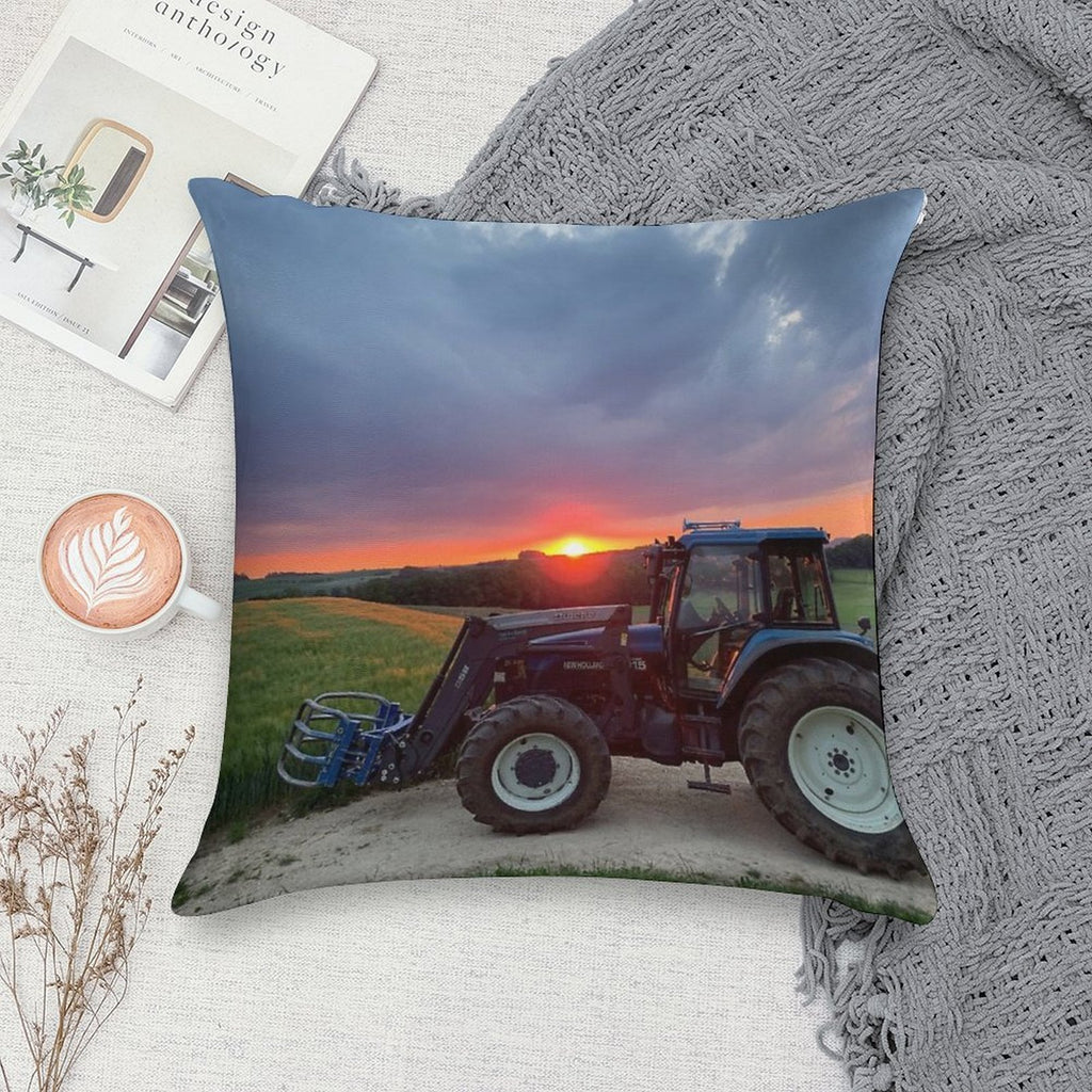 New Holland Tractor at Sunset Soft Short Plush Fabric Throw Pillow