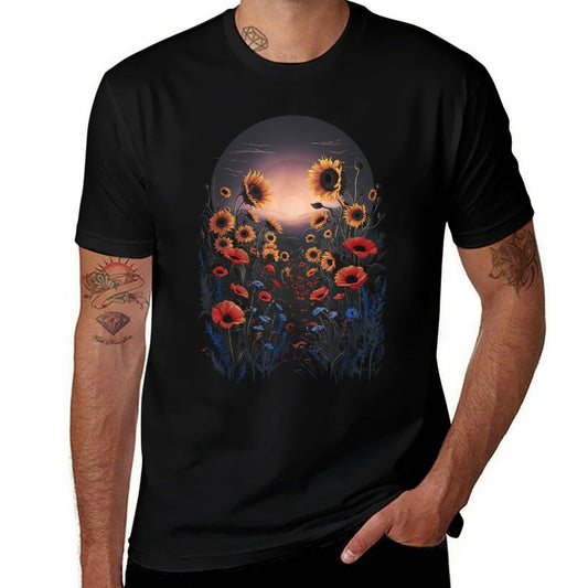 Sunflower Poppy Wildflower Floral Botanical Nature Art  Vintage-inspired T-Shirt