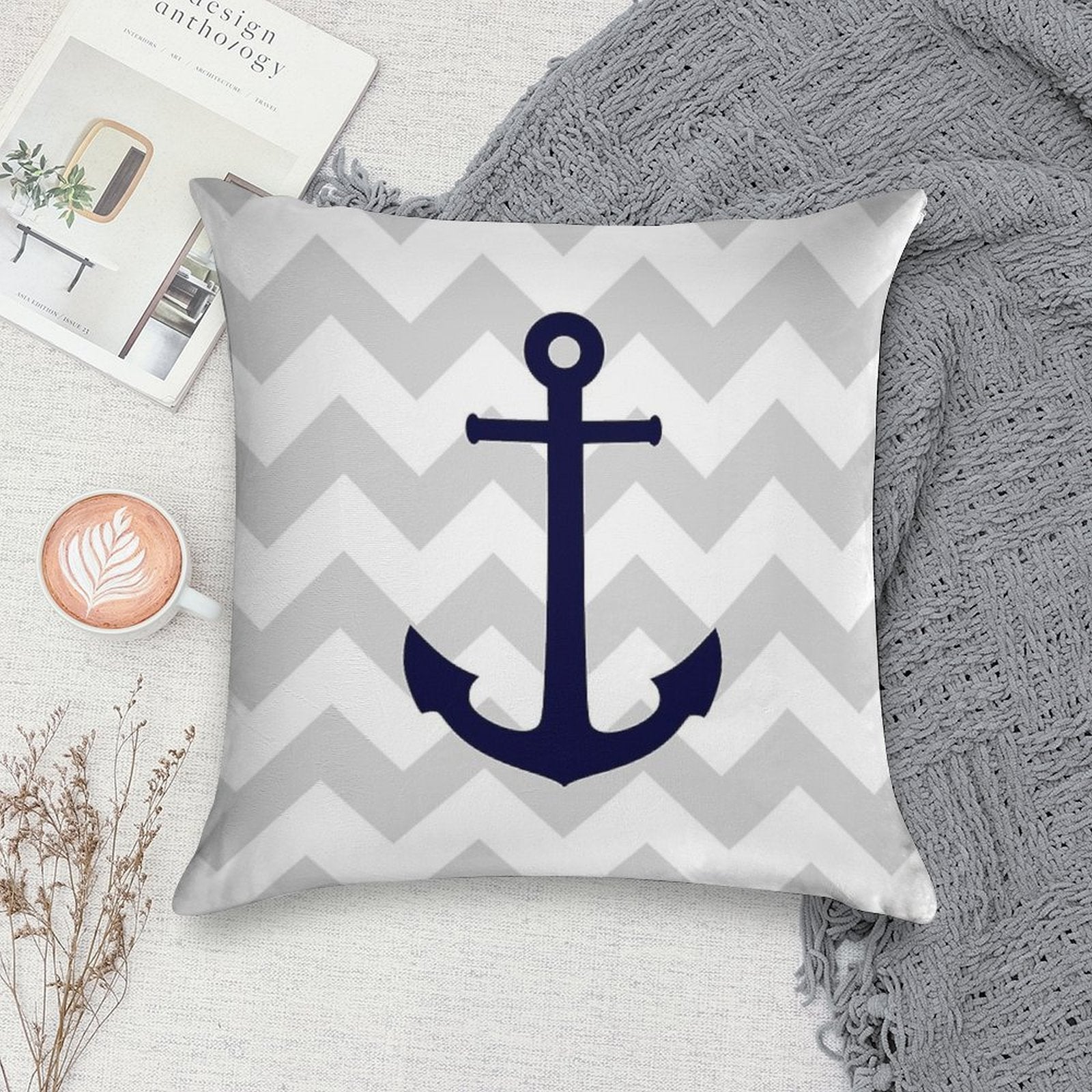 Nautical Navy Blue Anchor On Gray Chevron Soft Durable Construction Throw Pillow