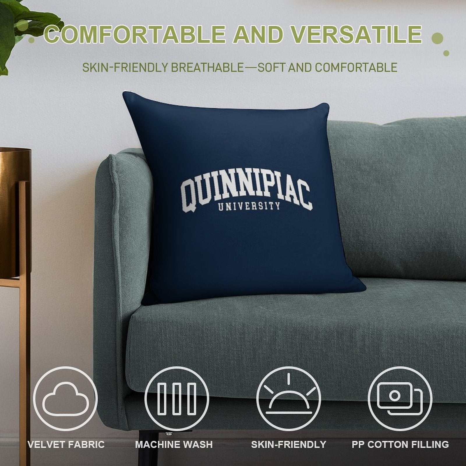 Quinnipac - College Font Curved Soft Hidden Zipper Throw Pillow