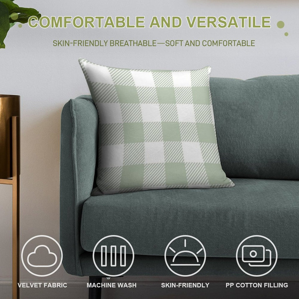 Sage Green White Large Buffalo Plaid Gingham Print All Over Soft Easy Maintenance Throw Pillow