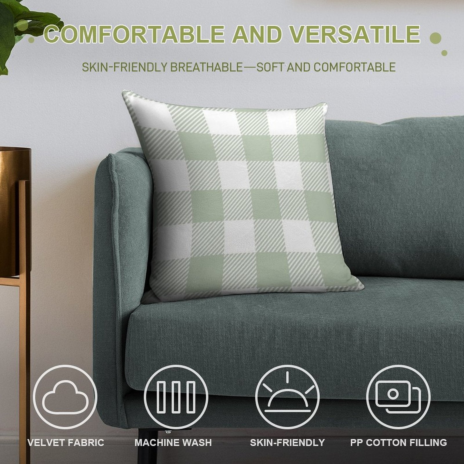 Sage Green White Large Buffalo Plaid Gingham Print All Over Soft Easy Maintenance Throw Pillow