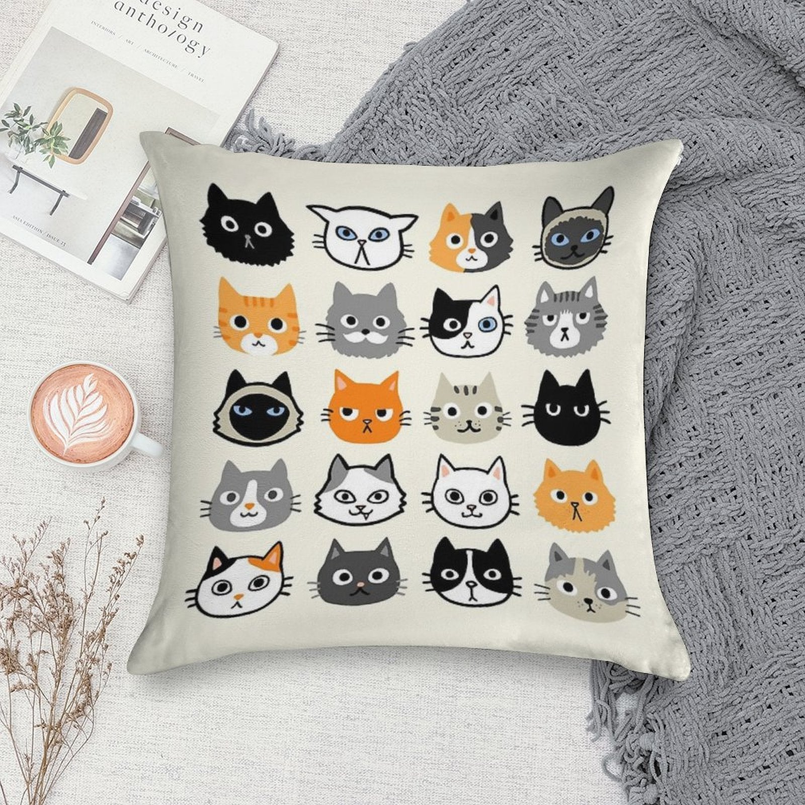 Assorted Cat Faces  Cute Quirky Kitty Cat Drawings Soft Luxury Feel Throw Pillow