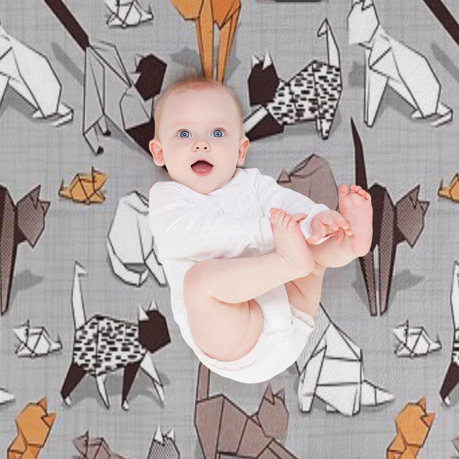 Origami Kitten Friends  Grey Linen Texture Background Paper Cats Sustainable Throw Blanket