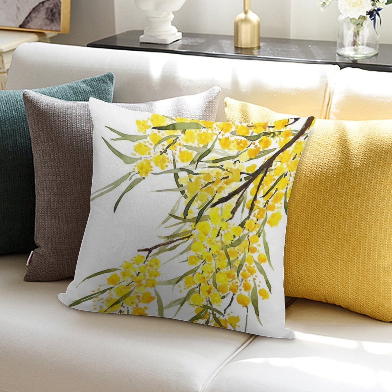 Hand Painted Golden Wattle Flower Watercolor Soft Multiple Sizes Throw Pillow