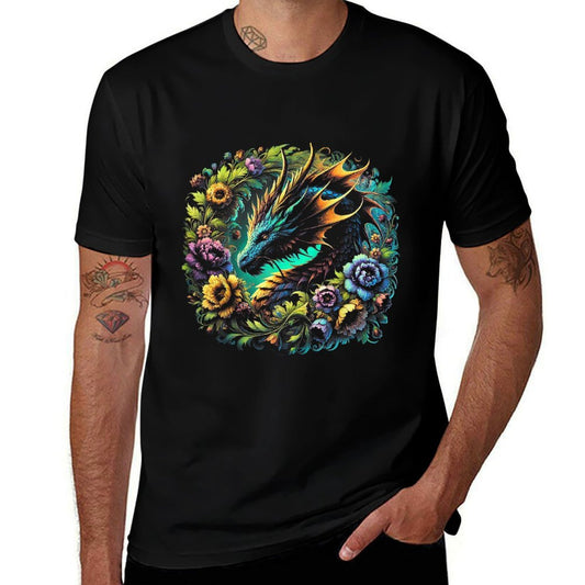 Watercolor Dragon Flowers Beautiful Art Colorful Graphic  Summer-ready Fabric T-Shirt