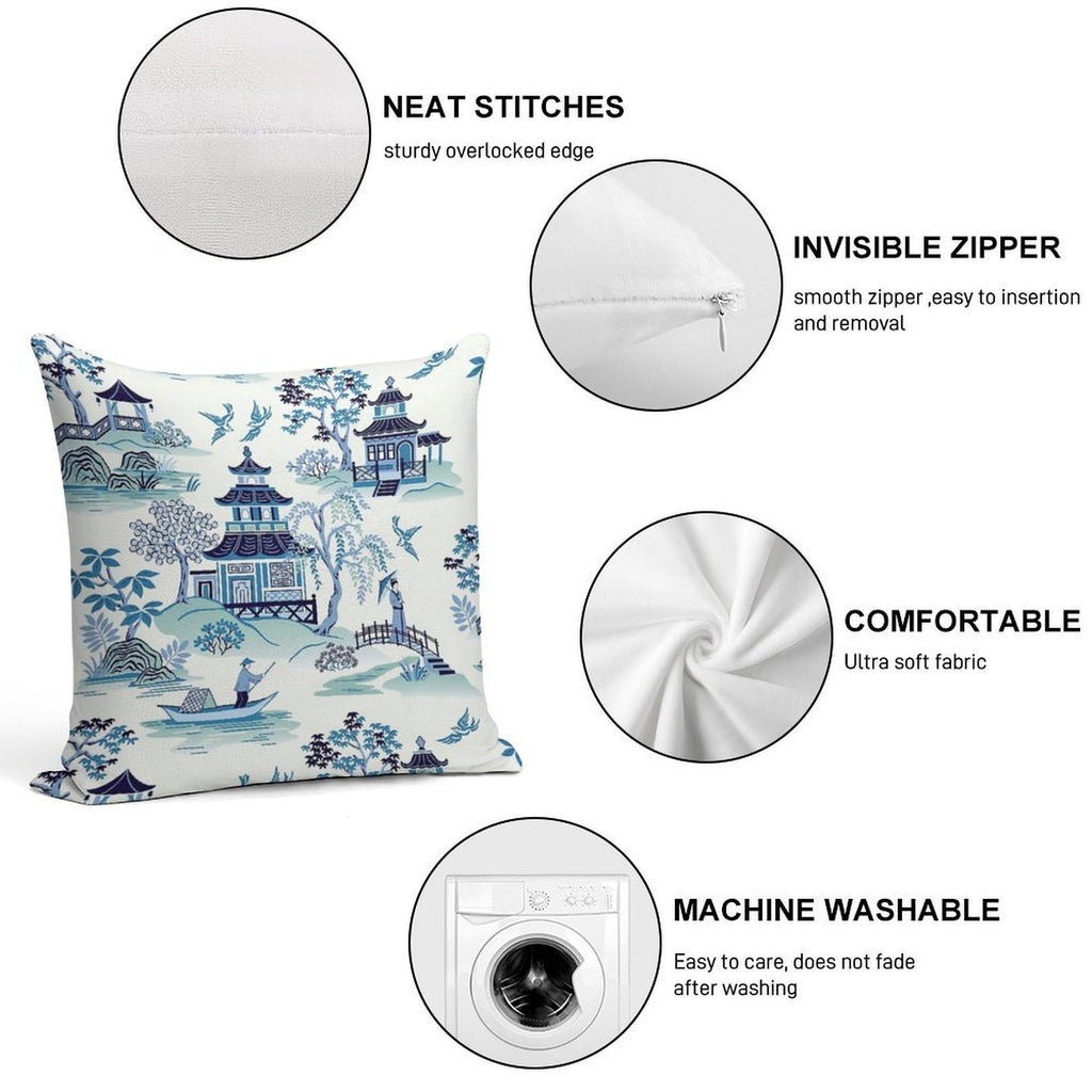 Chinoiserie Blue Soft Shrink-Resistant Throw Pillow