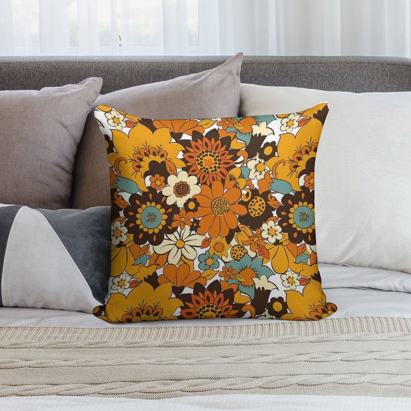 70s 60s Retro Flower Power, Floral Pattern Soft Easy Maintenance Throw Pillow