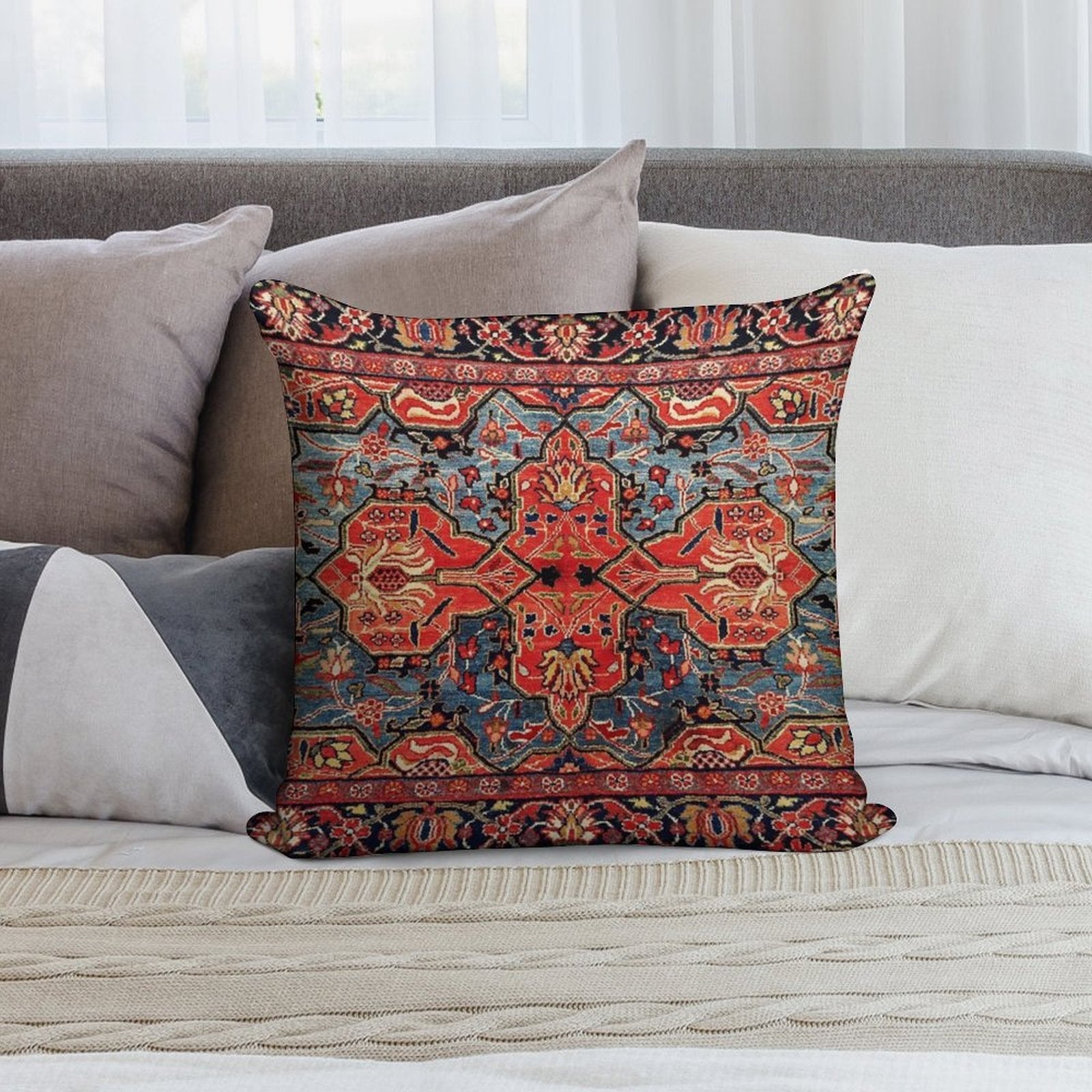 Kashan Poshti Central Persian Rug Print Soft Gift Ready Throw Pillow