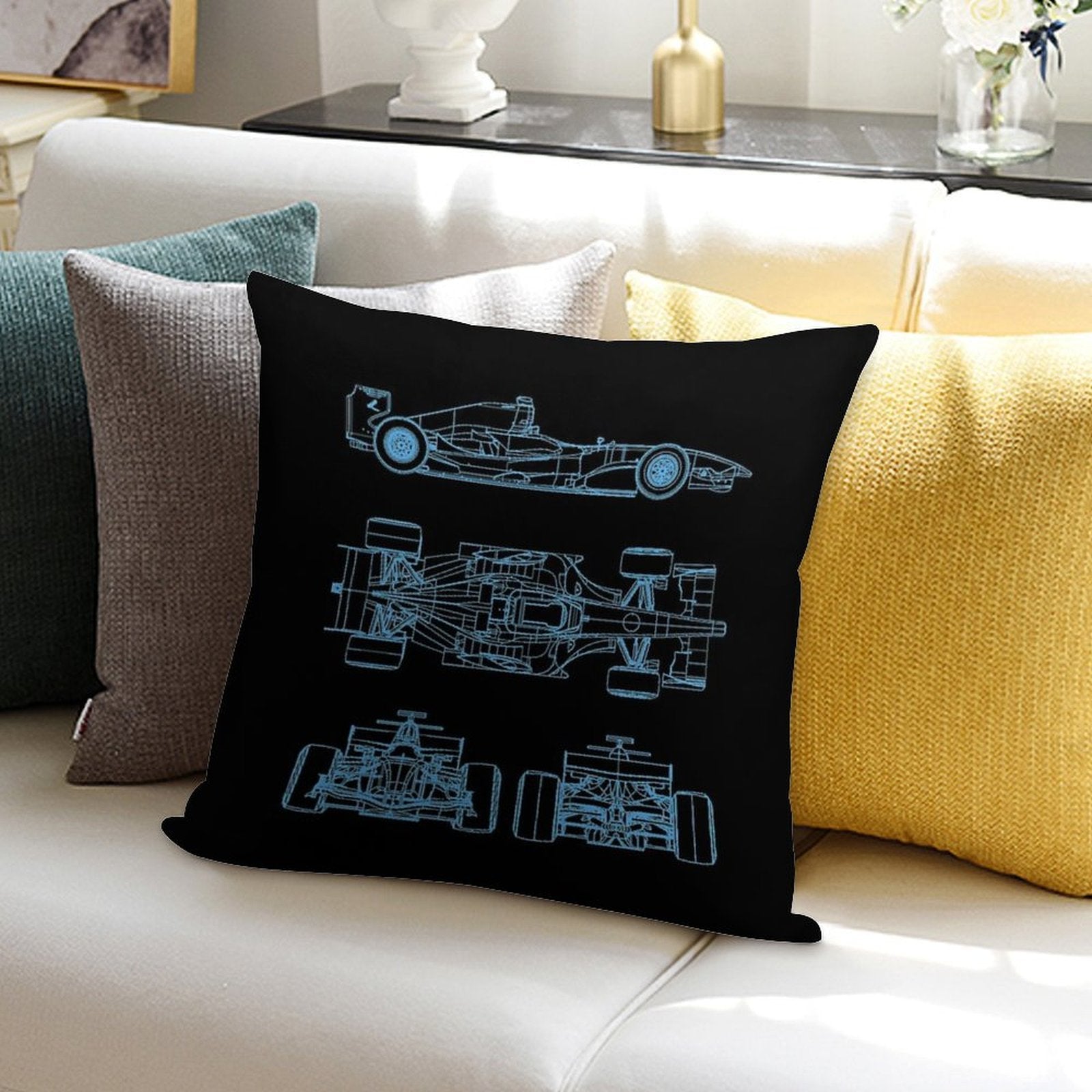 Racing Car Blueprint Project Light Blue Soft Durable Construction Throw Pillow
