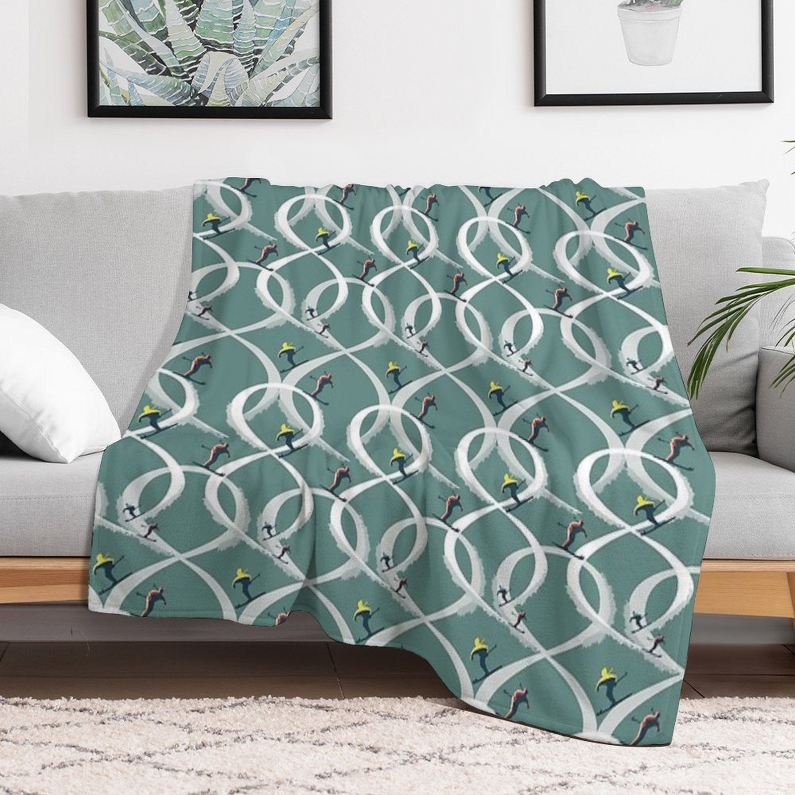 Mid Century Figure 8 Skiers in Retro Style on Teal Shrink-resistant Throw Blanket