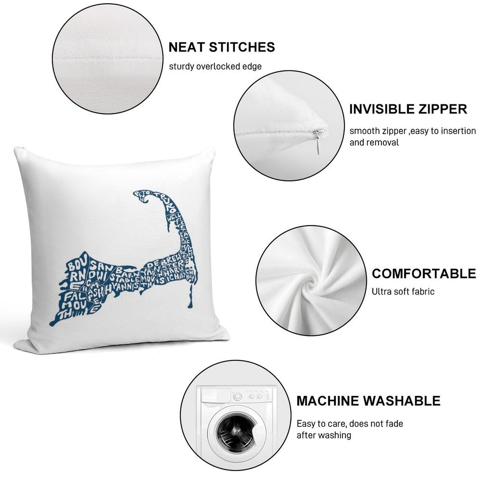 Hand Drawn Cape Cod Map Soft Luxury Feel Throw Pillow