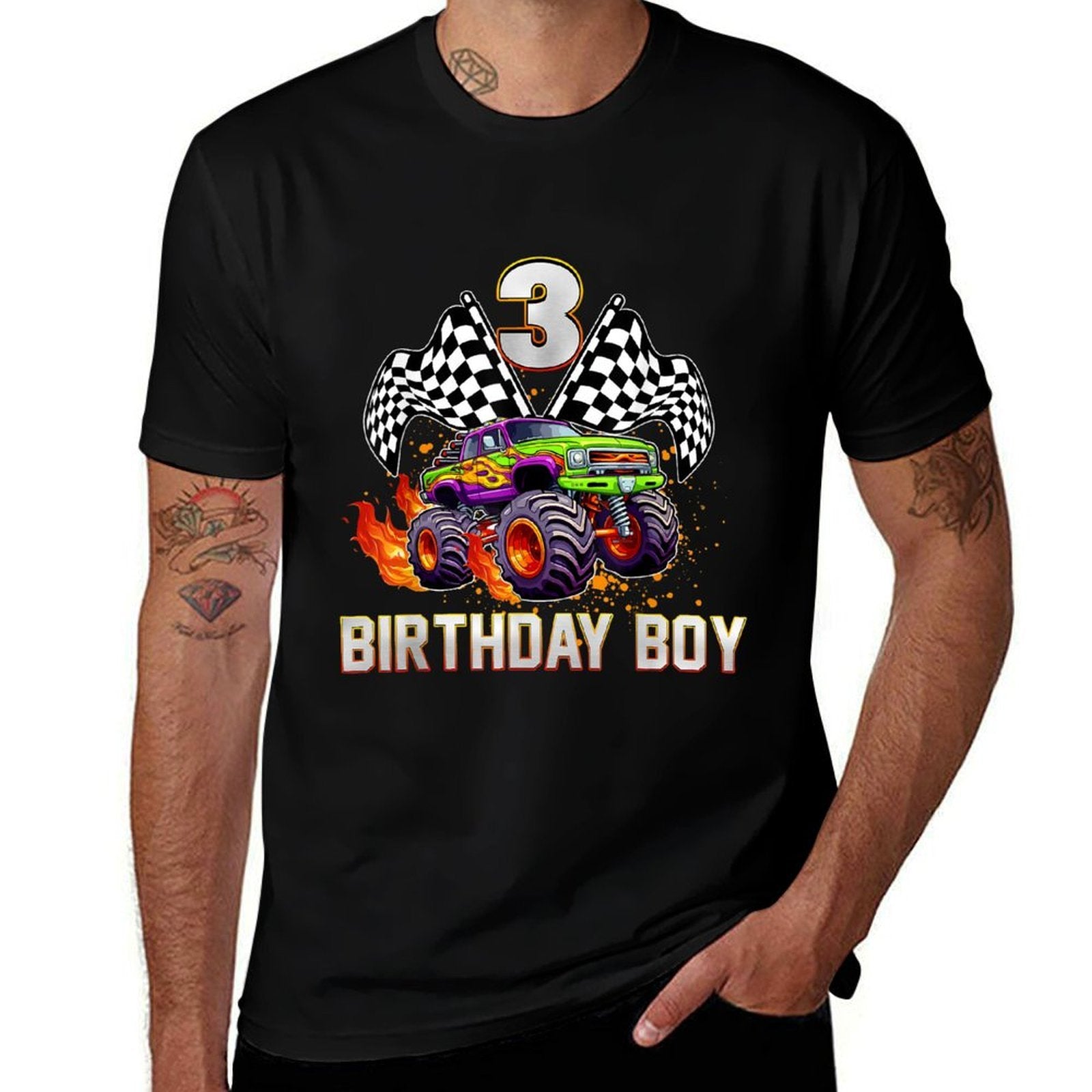 Birthday Monster Truck 3 Year Old Boys 3rd Party Matching  Rolled Sleeves T-Shirt
