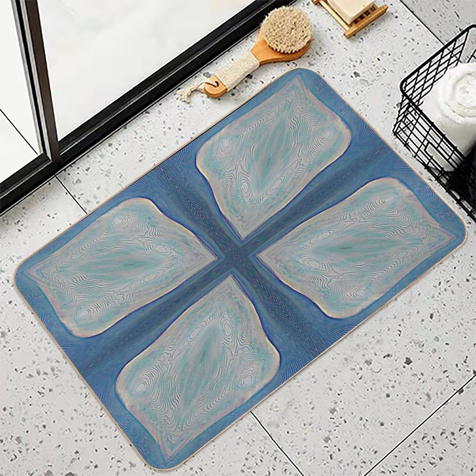 4 Bright Leaf Shapes, with Line Texture, Background Blue  Toxin-Free Bath Mat