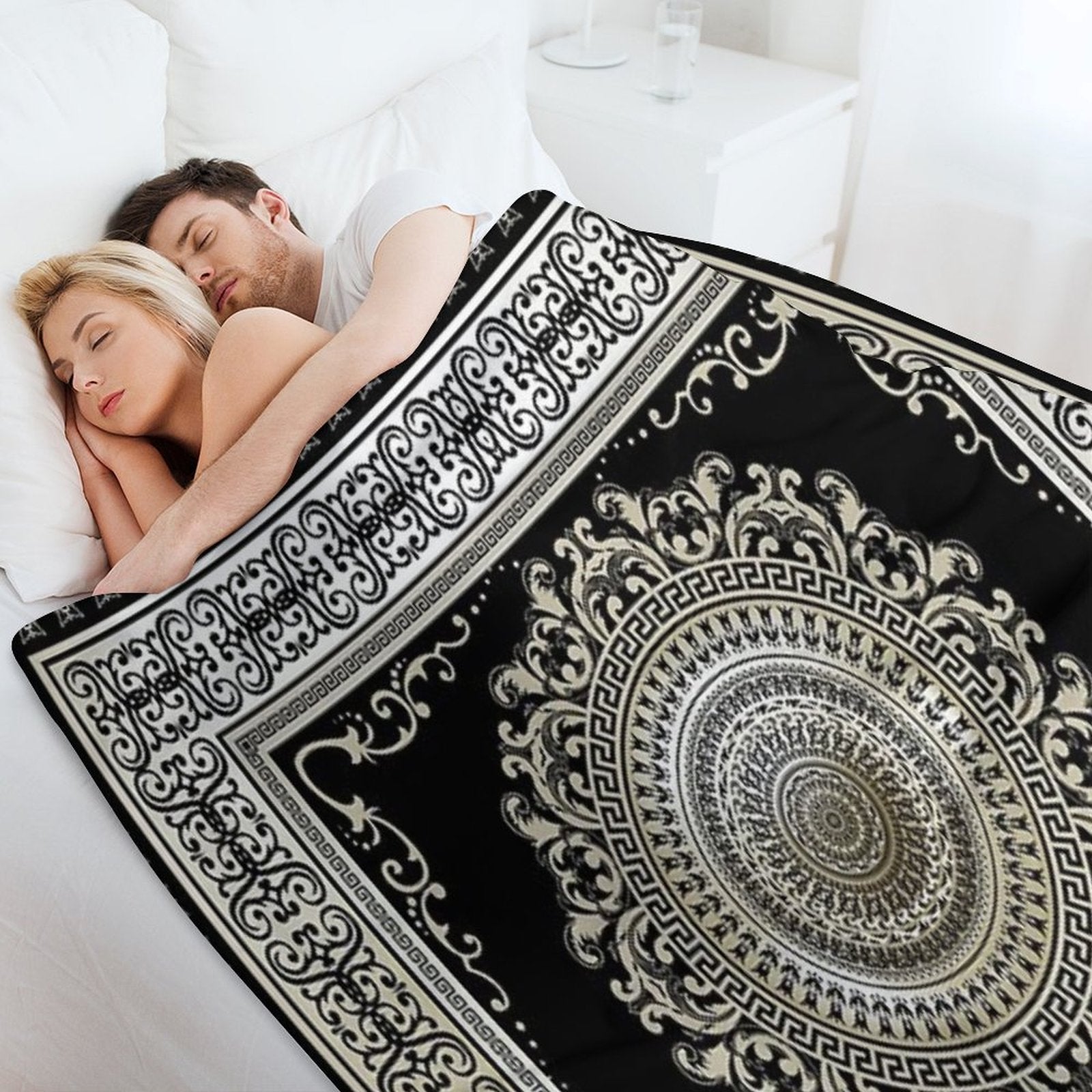 Ornate Greek Key Medallion Khaki And Black Durable Throw Blanket
