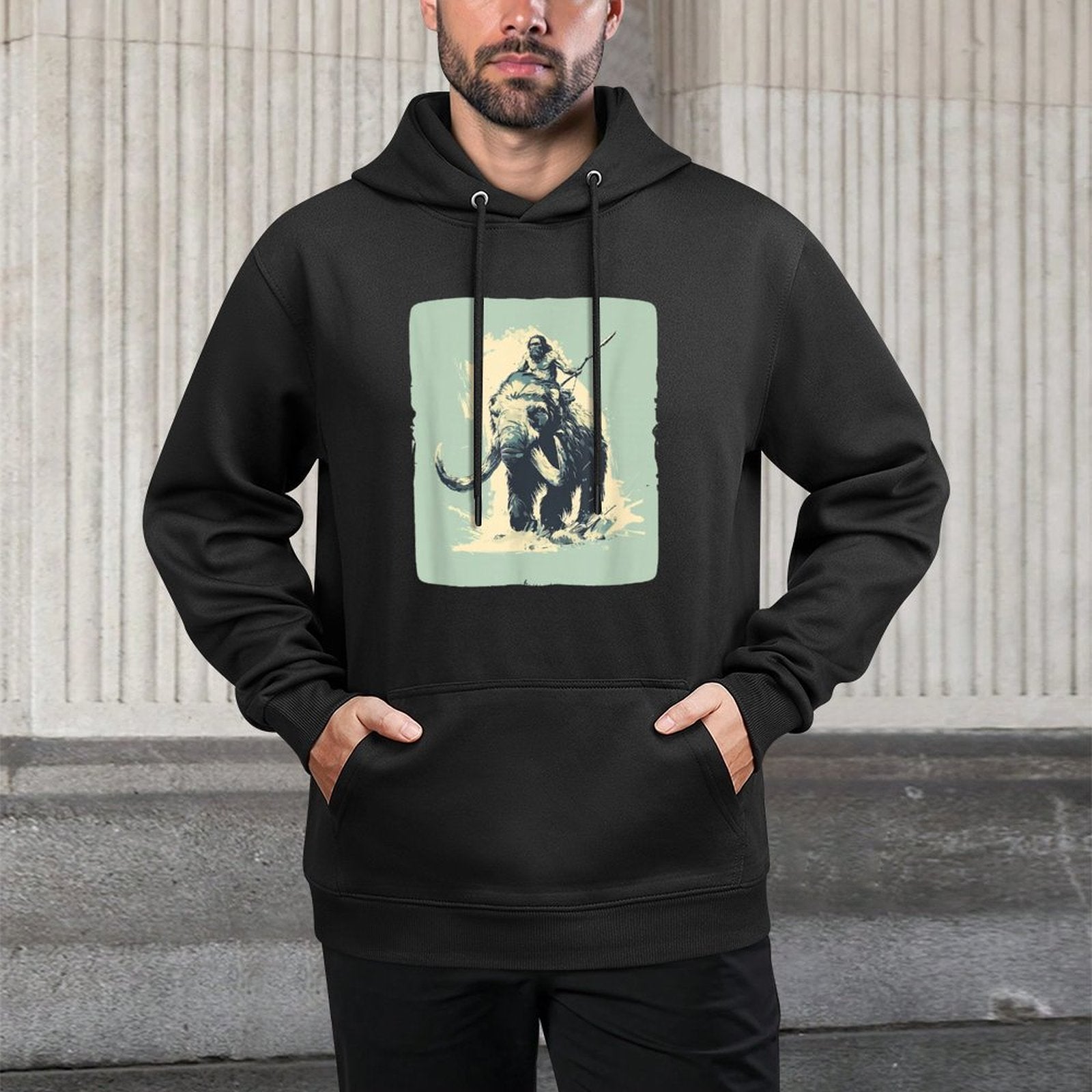 Cool Neanderthal Riding Mammoth in Cold Colors Costume Layering Staple Hoodie