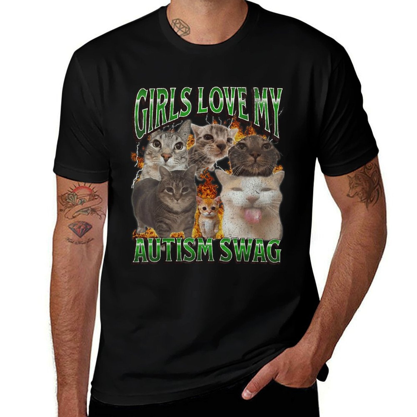 Girls Love My Autism Swag Funny Cat Meme Bootleg Graphic  Oversized Silhouette T-Shirt
