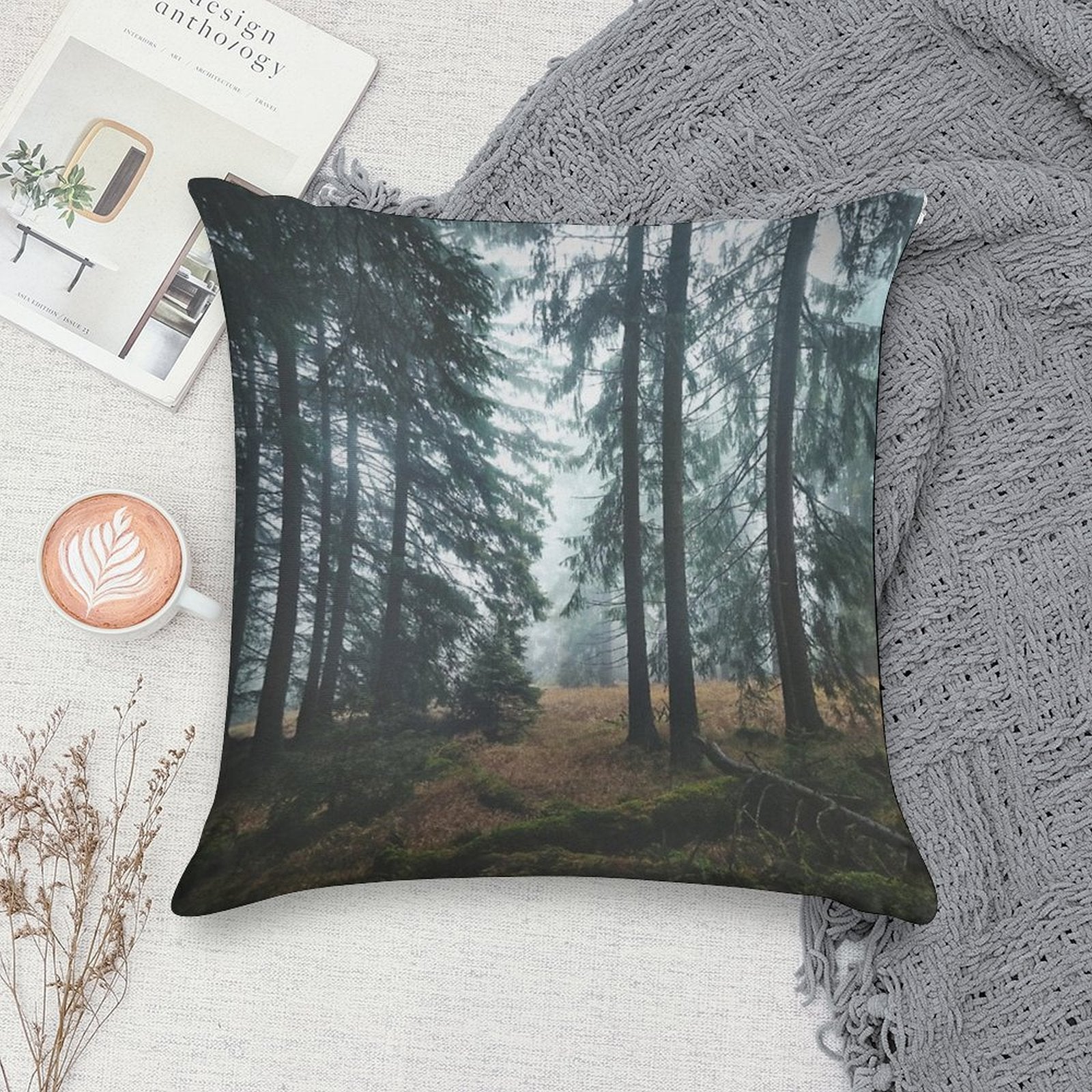 Deep In The Woods  Wild Romantic Misty Retro Fall Wilderness Fairytale Forest With Dark Trees Covered In Fog Soft Anti-Pilling Throw Pillow