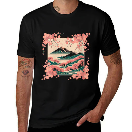 Womens Vintage Japanese Flower Cherry Blossom Mountain Landscape  Durable T-Shirt