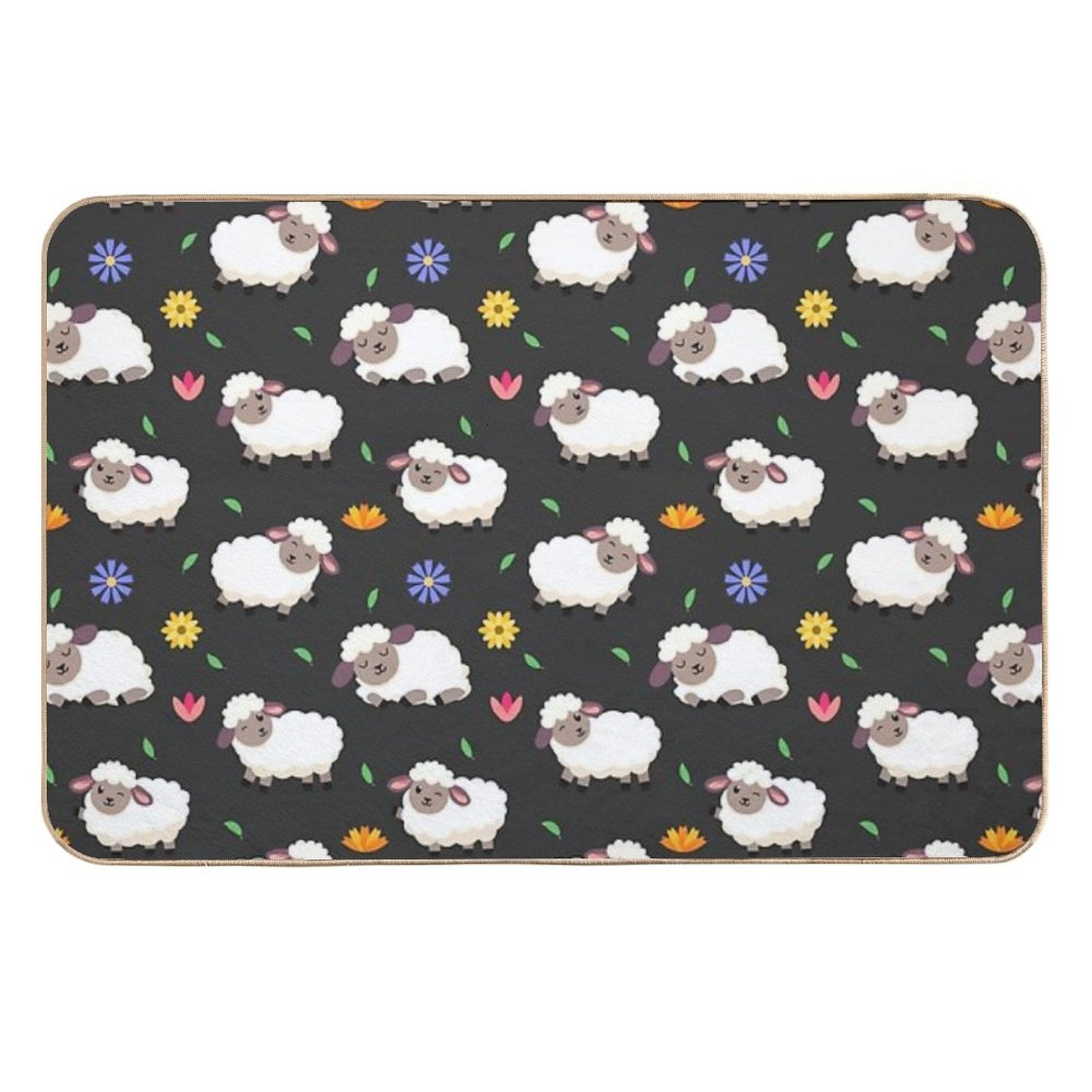 Sheeps And Flowers in Cartoon Style  Absorbent Bath Mat
