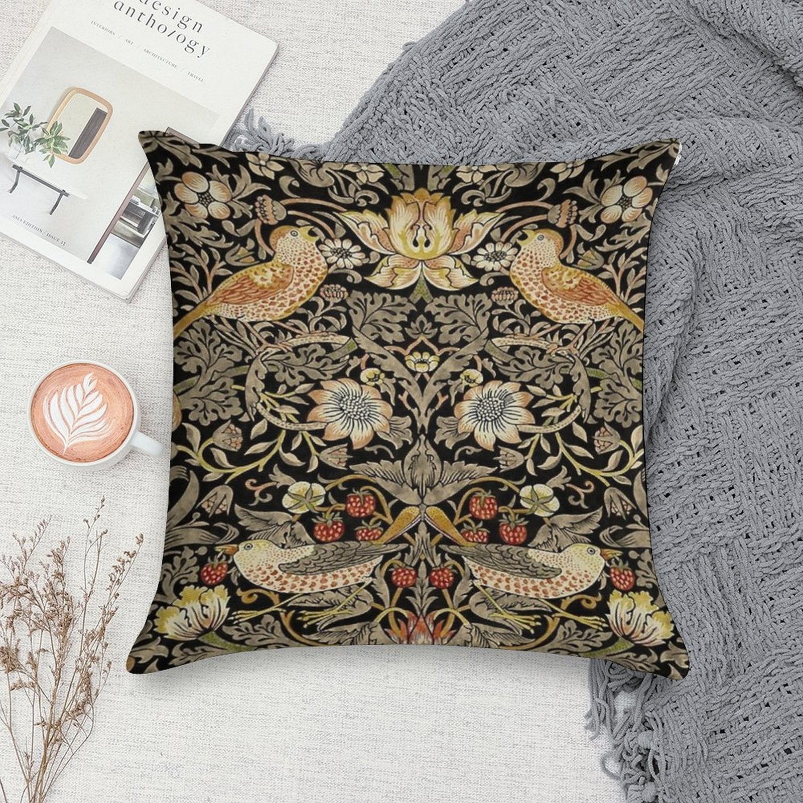 William Morris- Strawberry Thief Design Soft Reinforced Edging Throw Pillow