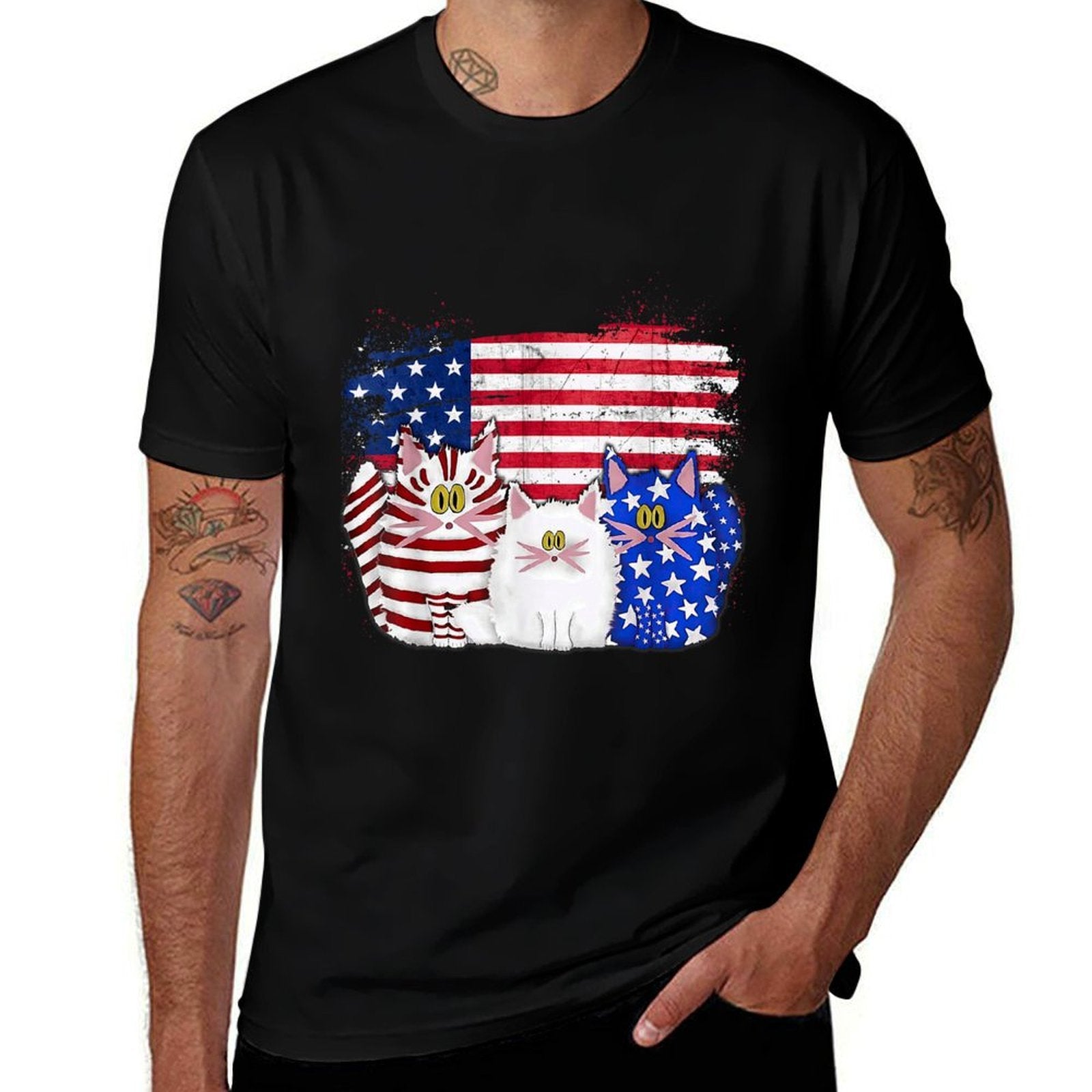 Red White Blue Cats USA Firework 4th Of July  Rolled Sleeves T-Shirt