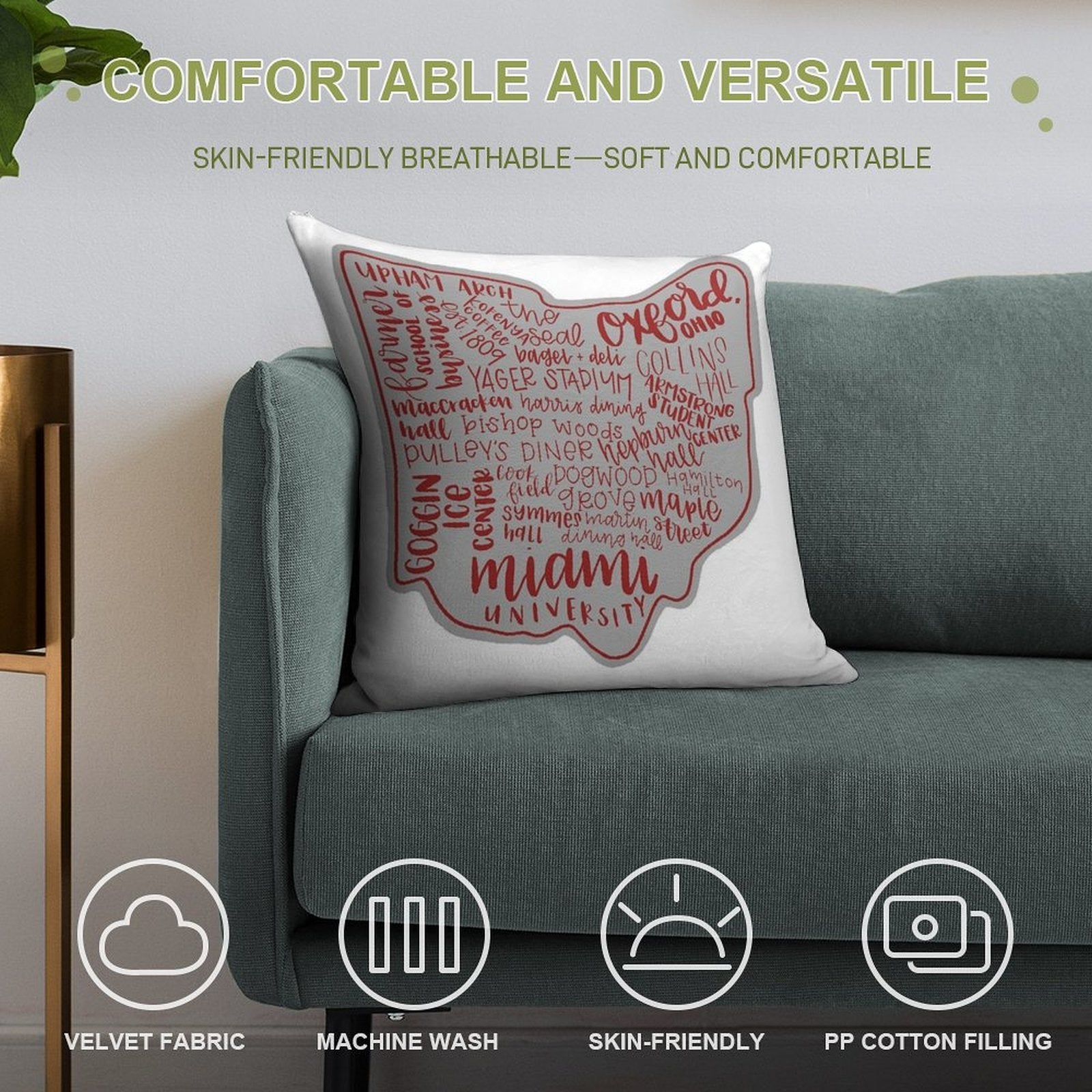 Miami University Ohio Art Print Soft Fade-Resistant Throw Pillow