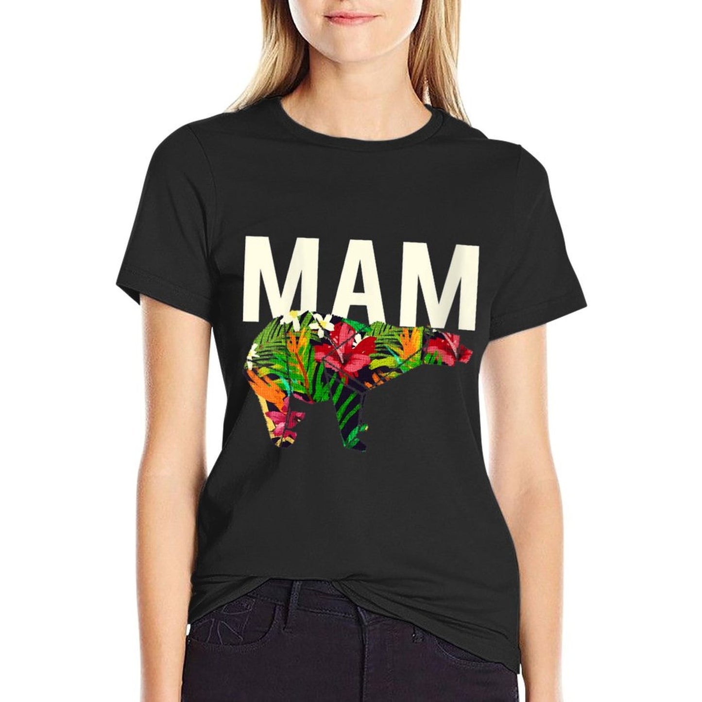 Womens Mam Mom Mother&#39;s Day Mommy Mom Bear Floral Pattern  Cotton T-Shirt