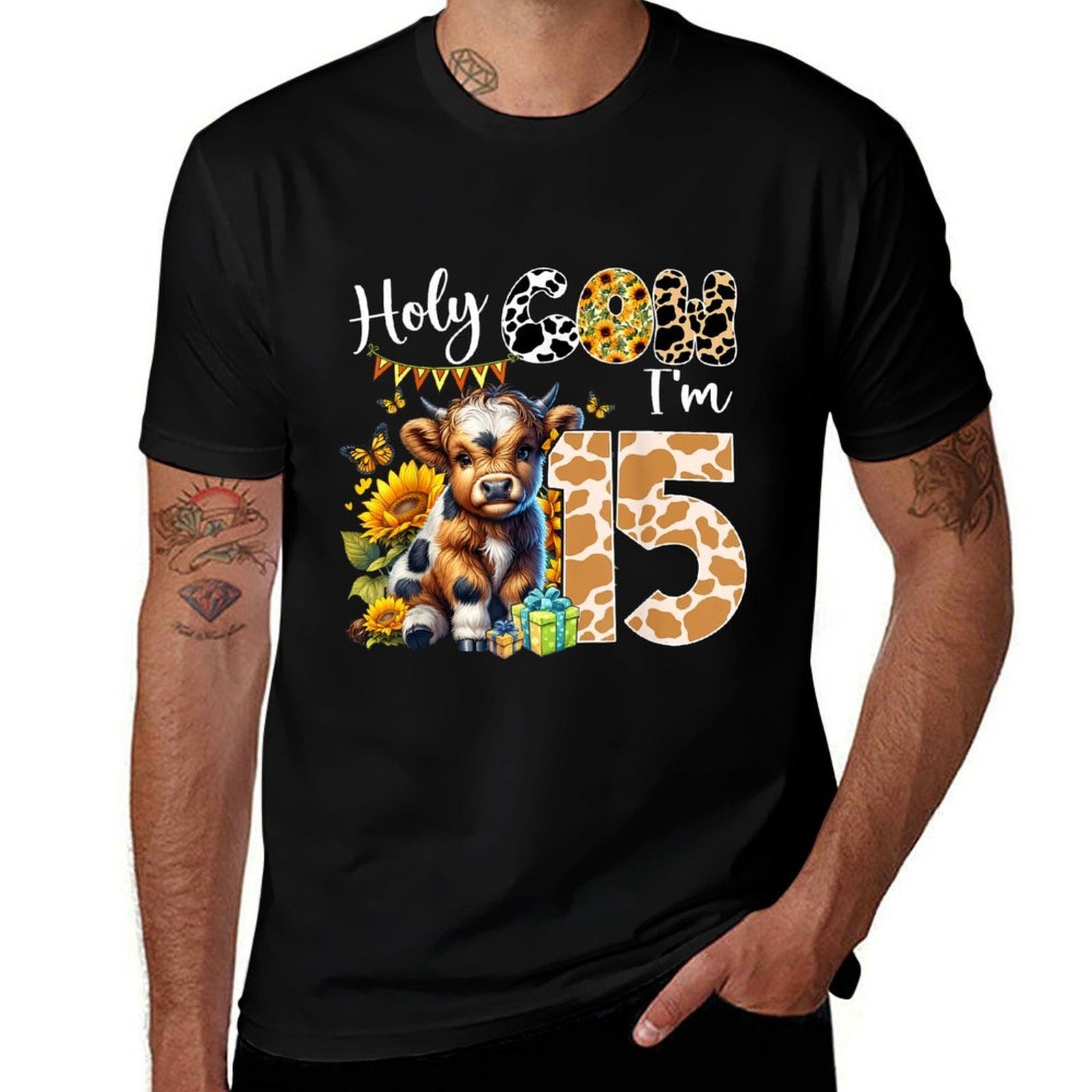 Holy Cow I’m 15 Years Old Dairy Cow Sunflowers 15th Birthday  Affordable Price T-Shirt