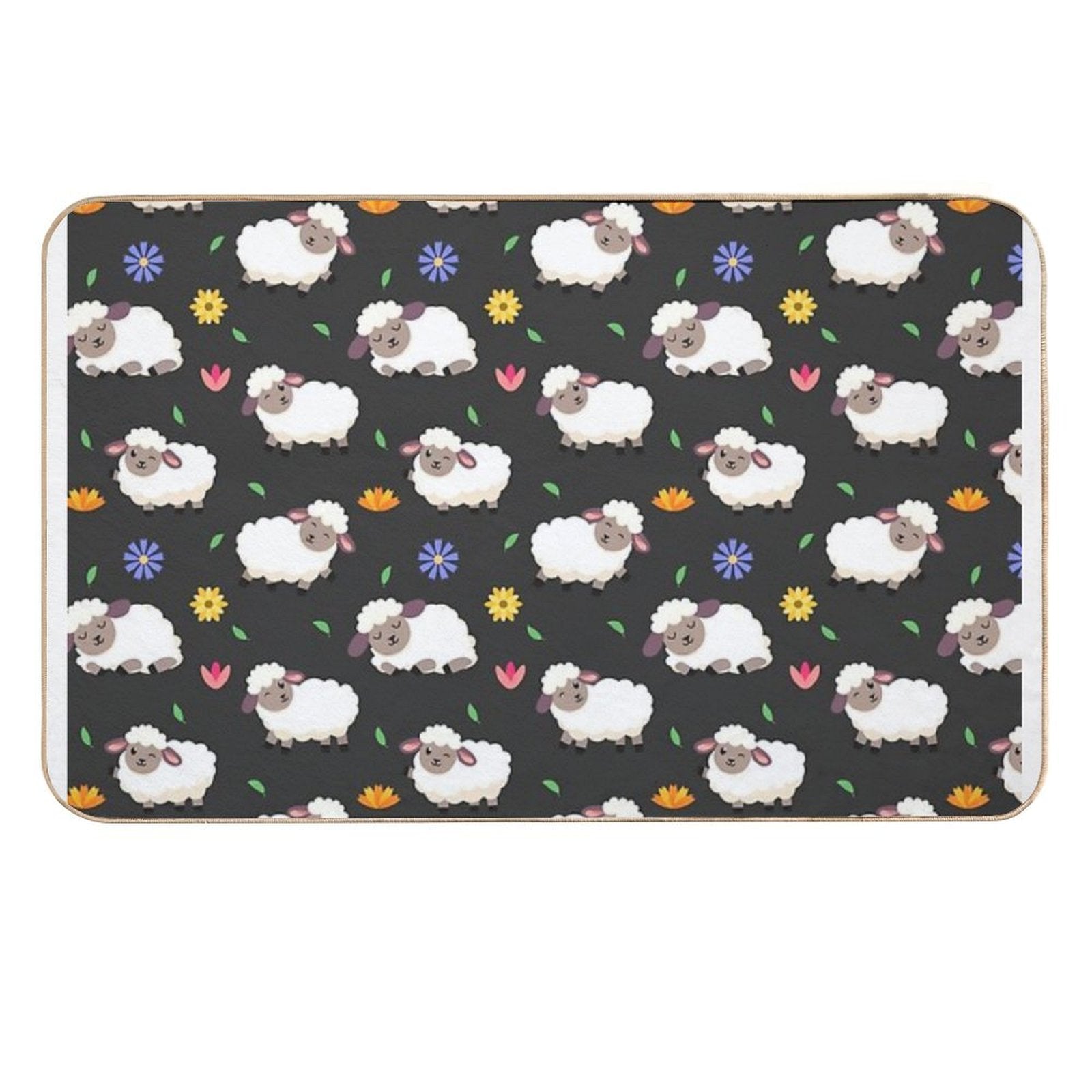 Sheeps And Flowers in Cartoon Style  Absorbent Bath Mat