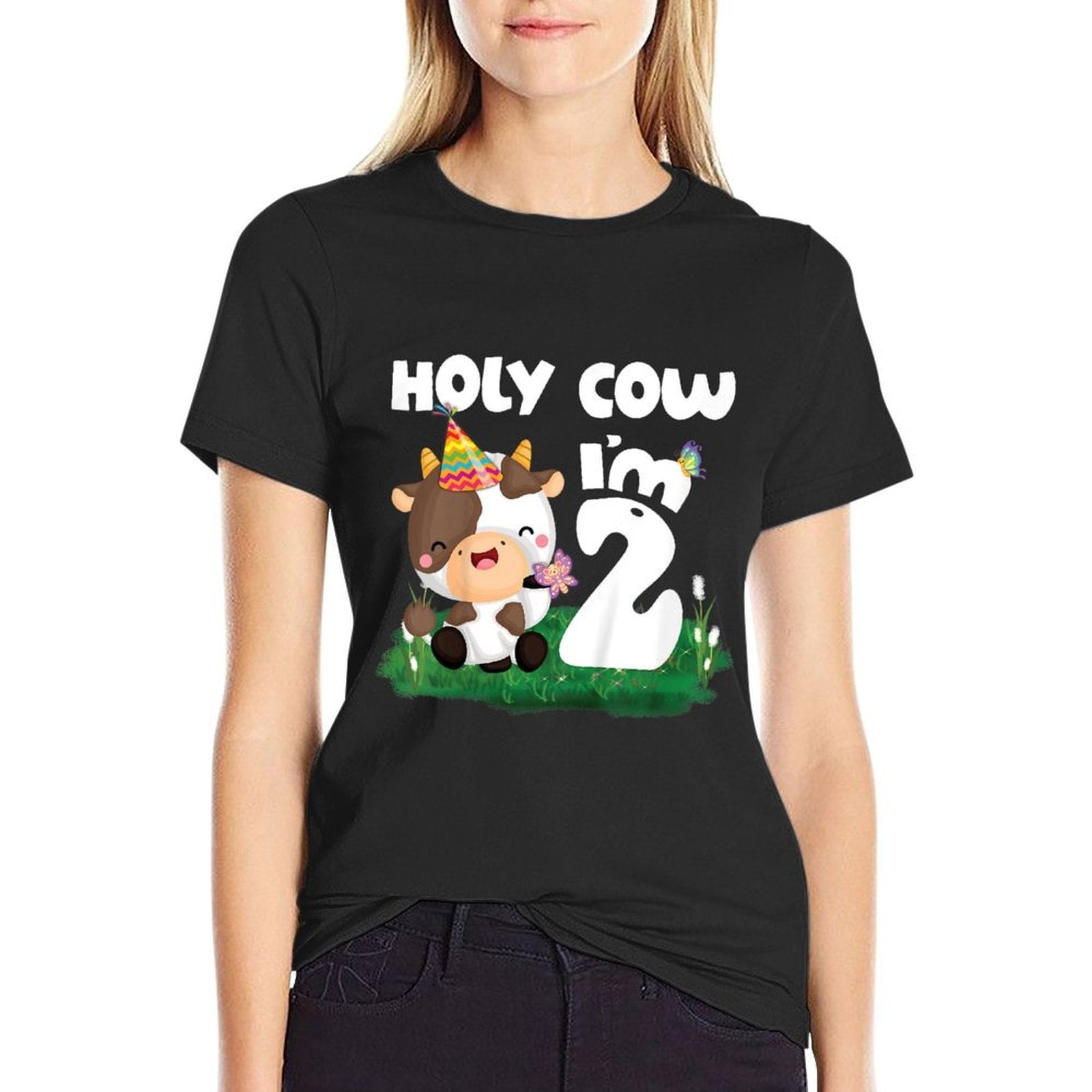 Kids Holy Cow I'm 2 Two Birthday Girl Boy Moo Moo 2nd Birthday Comfortable T-Shirt
