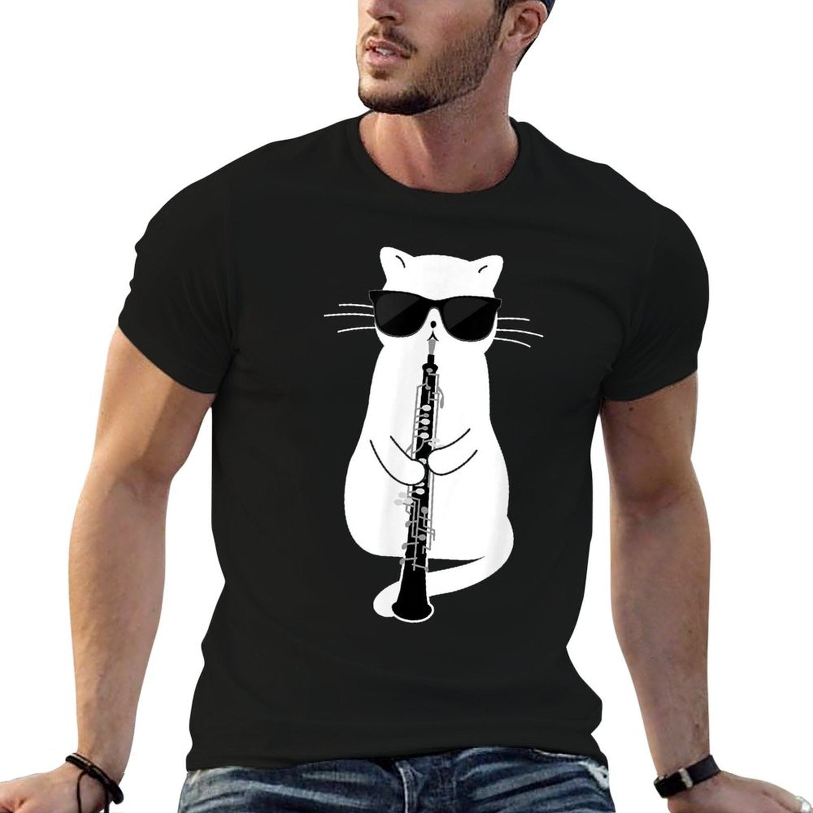 Cat Wearing Sunglasses Playing Oboe  Breathable T-Shirt
