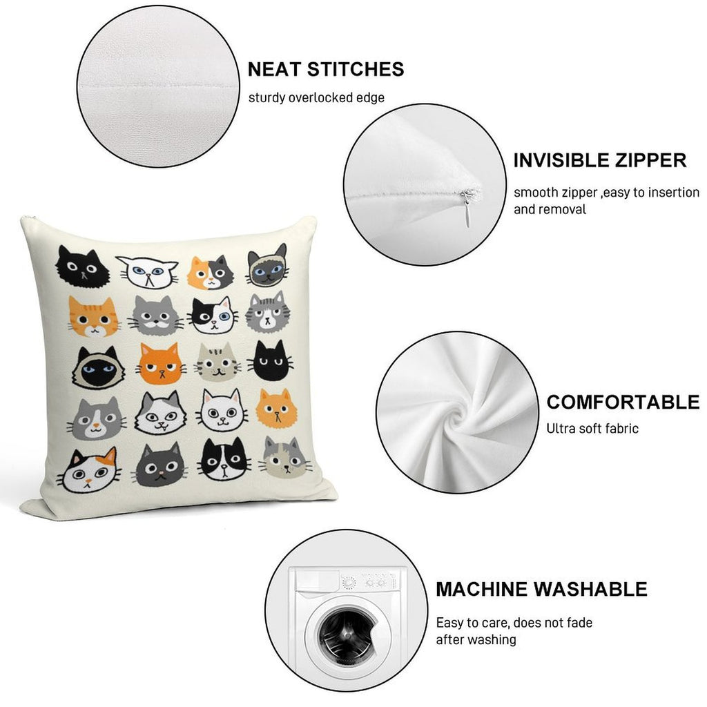 Assorted Cat Faces  Cute Quirky Kitty Cat Drawings Soft Luxury Feel Throw Pillow