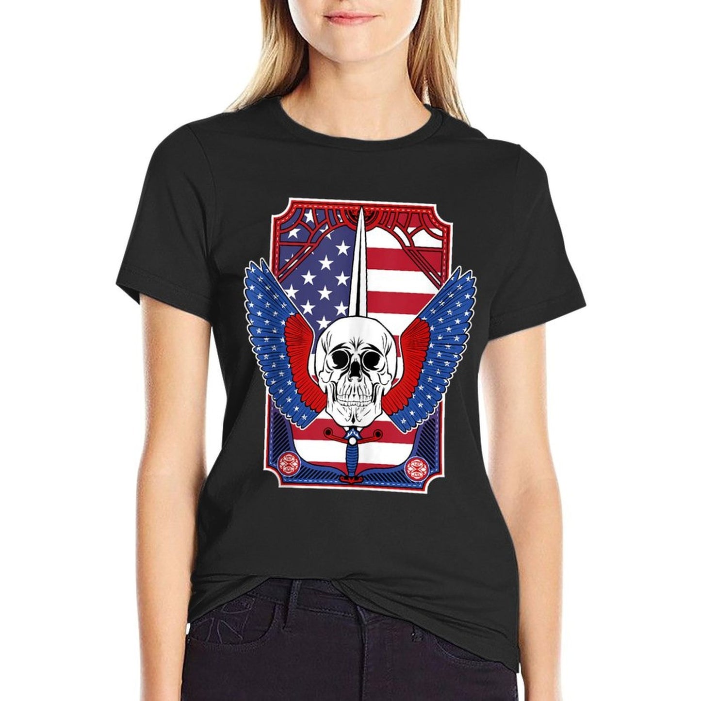 Skull, Sword, Eagle Wings And American July 4th Design  Graphic-printed T-Shirt