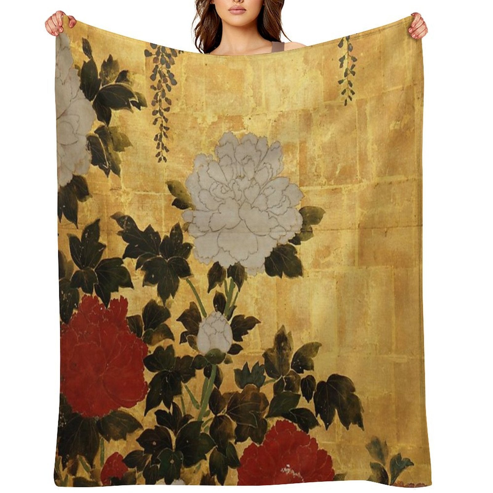 Vintage Japanese Floral Gold Leaf Screen With Wisteria And Peonies Versatility Throw Blanket
