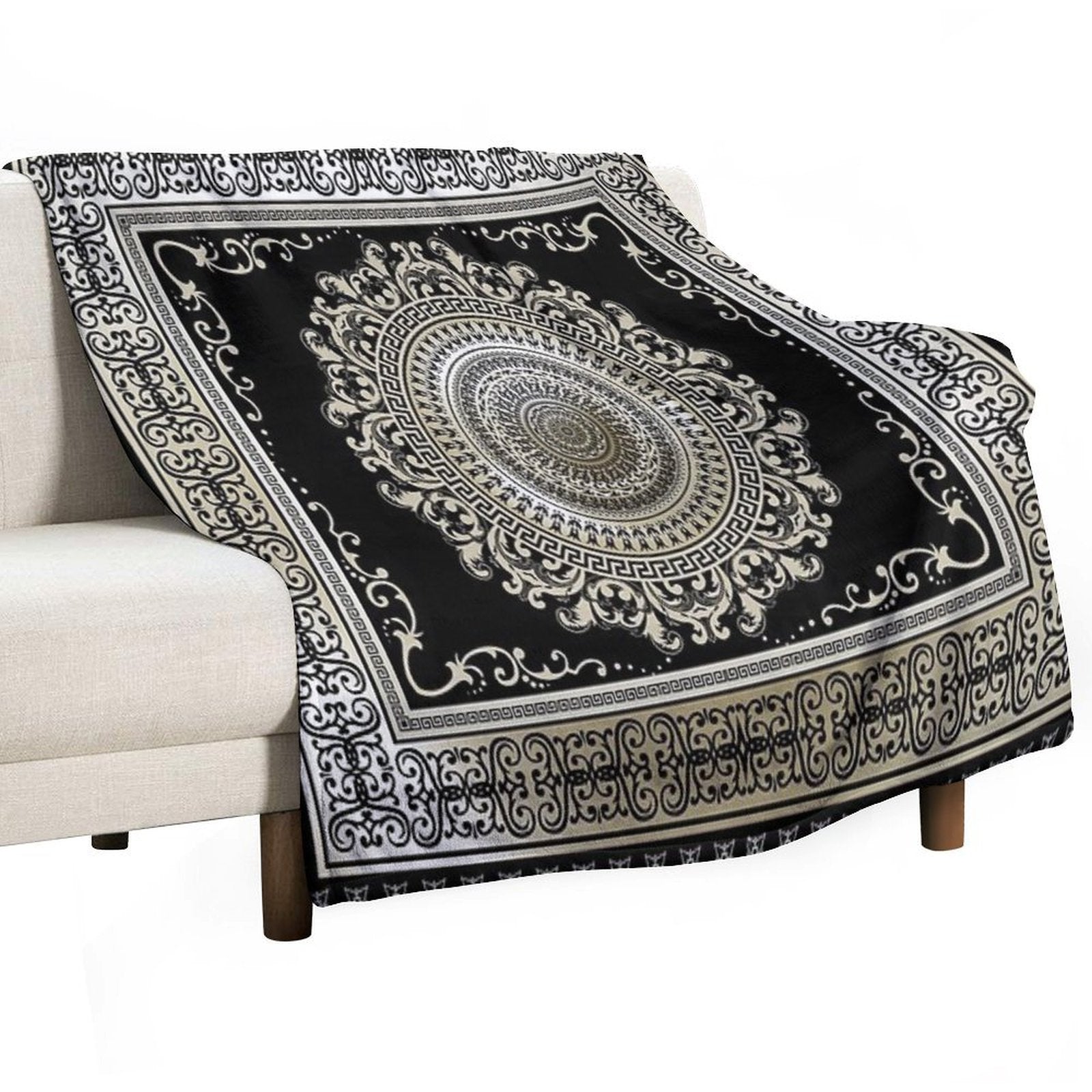 Ornate Greek Key Medallion Khaki And Black Durable Throw Blanket
