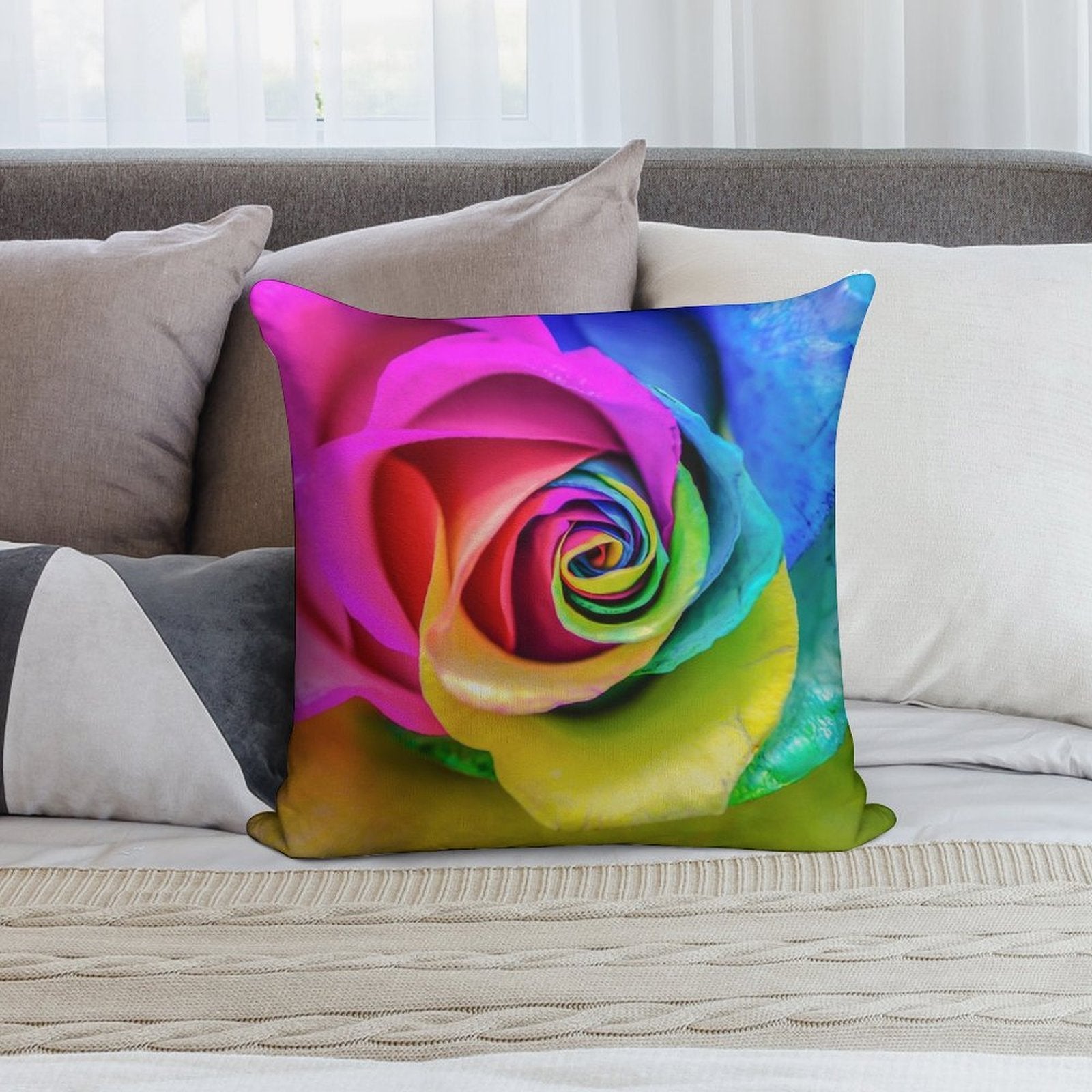 Rainbow Rose Soft Short Plush Fabric Throw Pillow