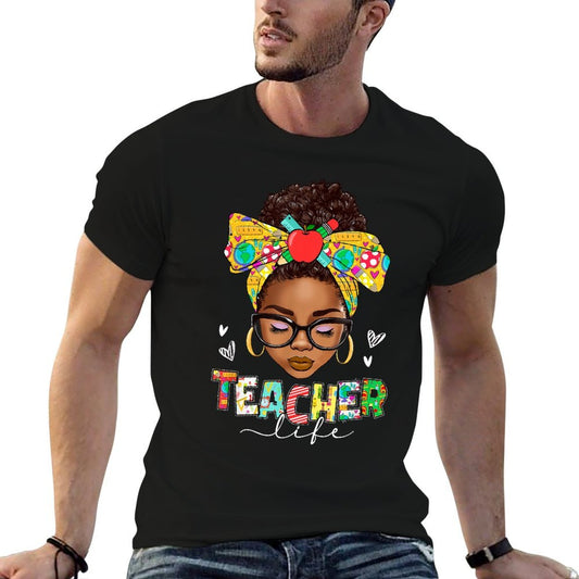 Teacher Life Messy Bun Afro African American Back To School  Heathered Texture T-Shirt