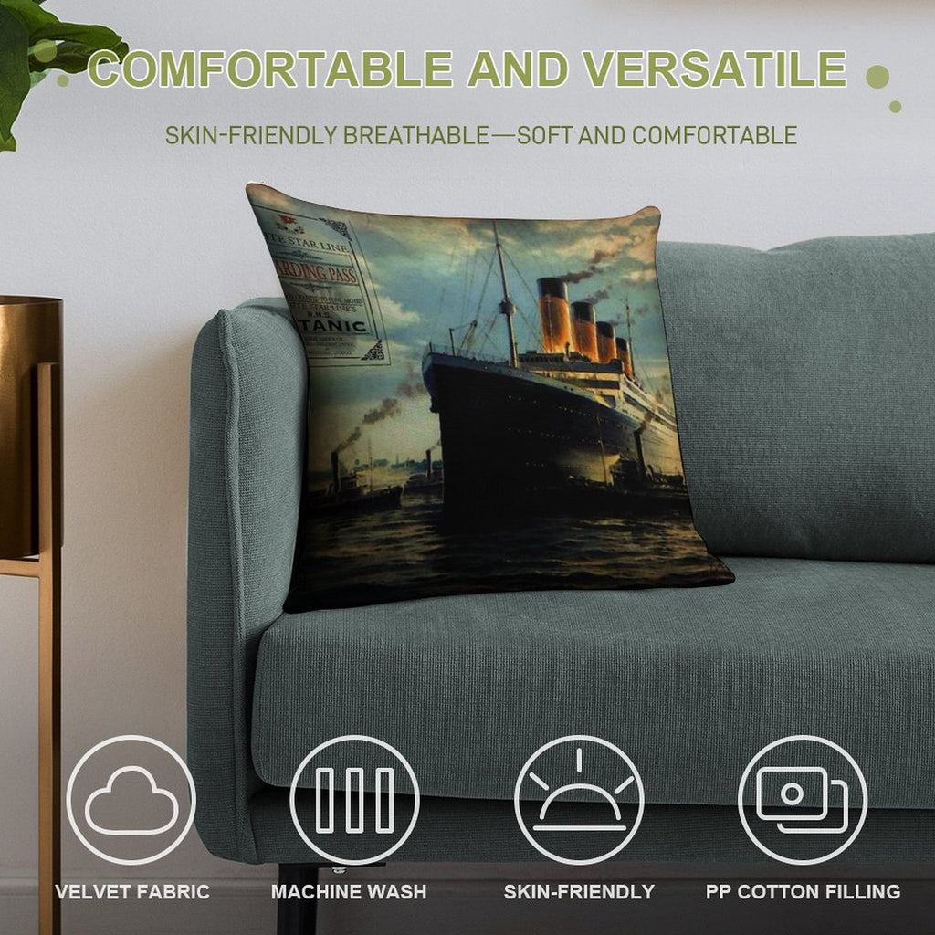 Vintage Titanic Ship with Boarding Pass Soft Fade-Resistant Throw Pillow