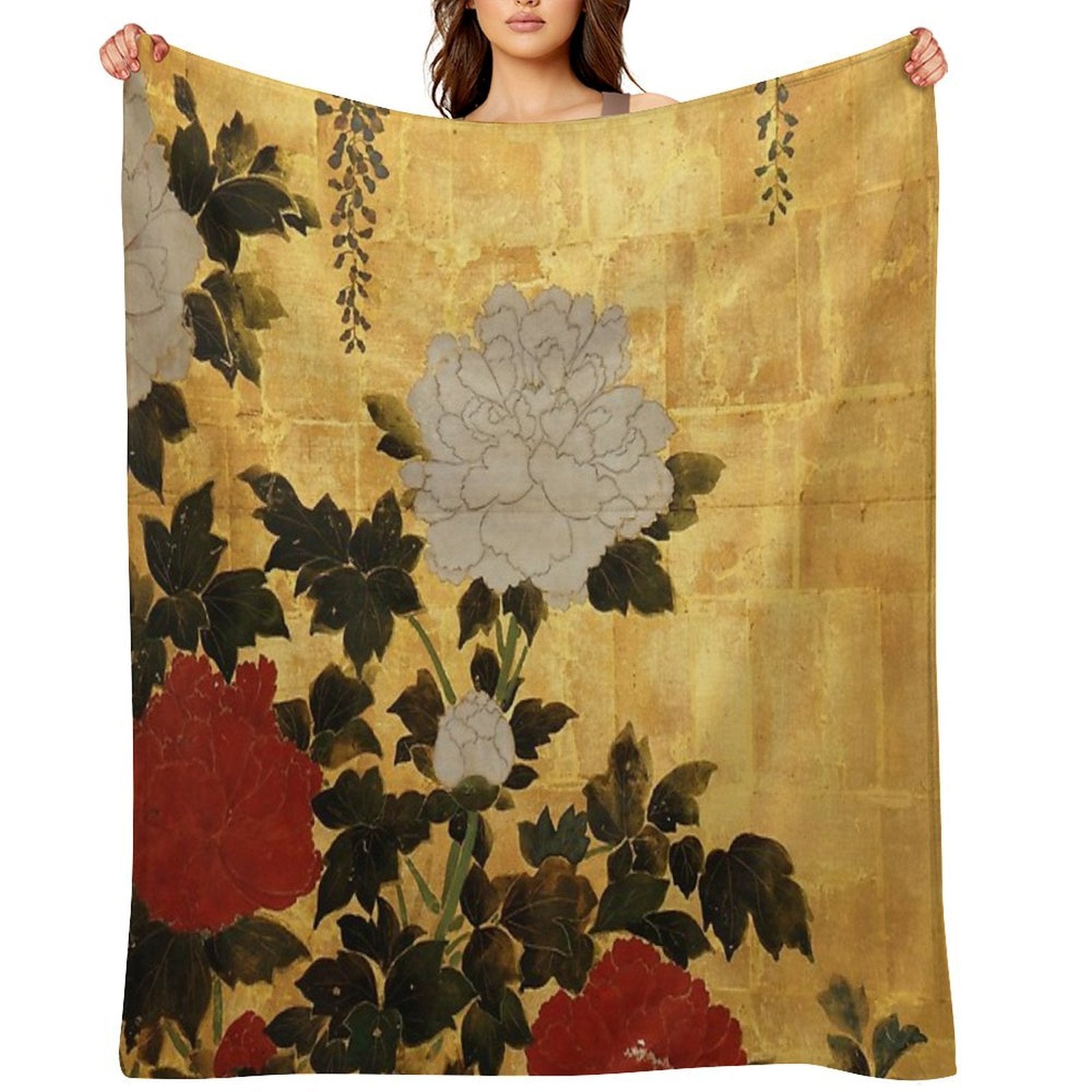 Vintage Japanese Floral Gold Leaf Screen With Wisteria And Peonies Versatility Throw Blanket